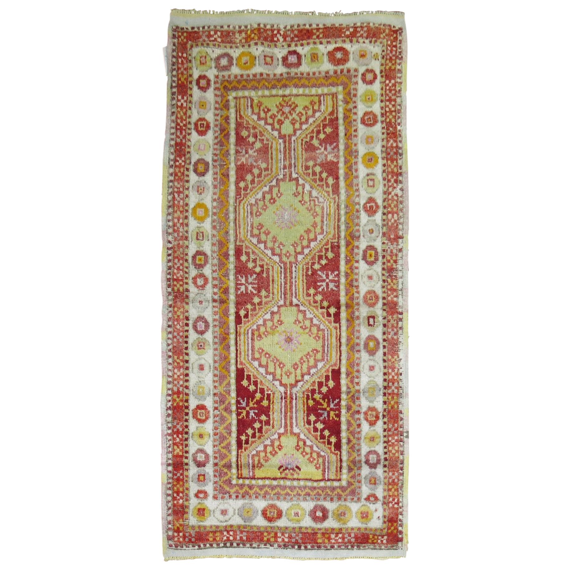 Bright Red Green Vintage Turkish Anatolian Throw Rug For Sale