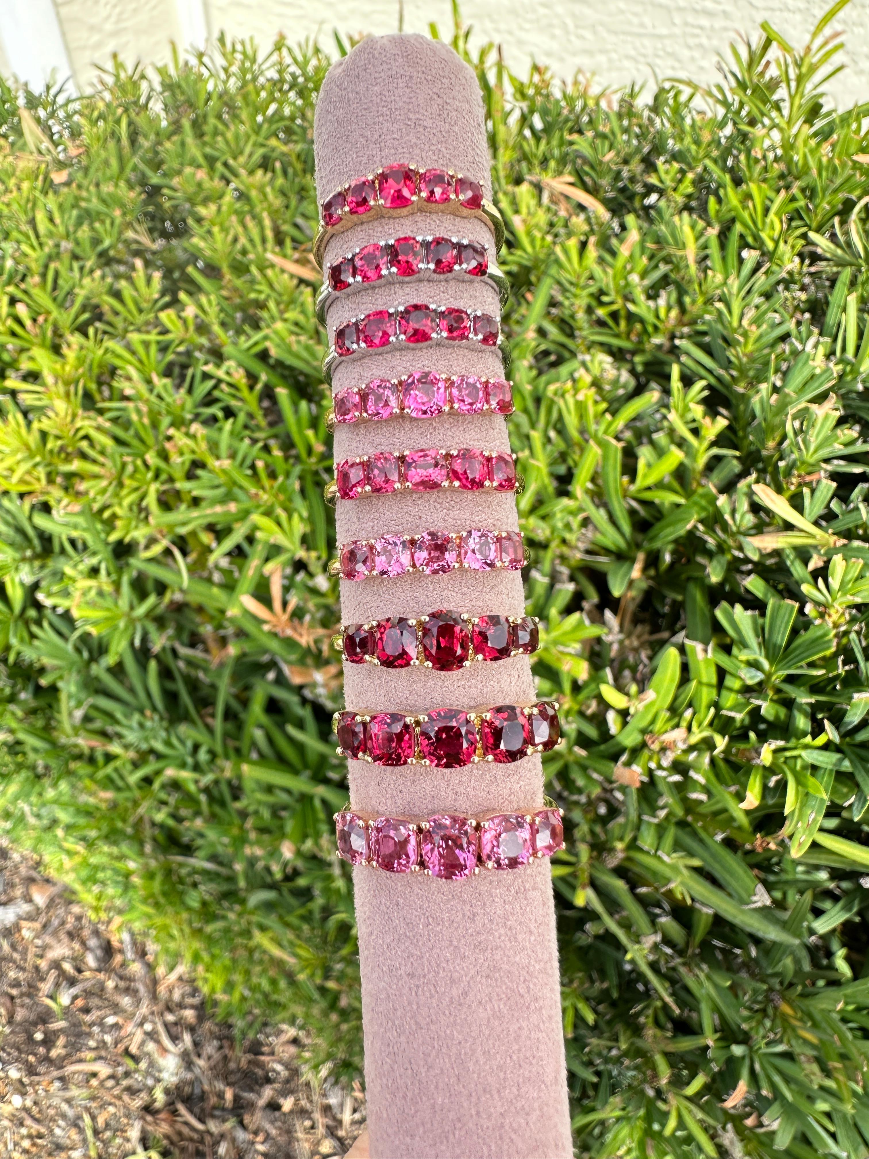 Cushion Cut Bright Red Hot Pink Spinel Stacking Band 14K Gold Jedi Rare to Find  For Sale