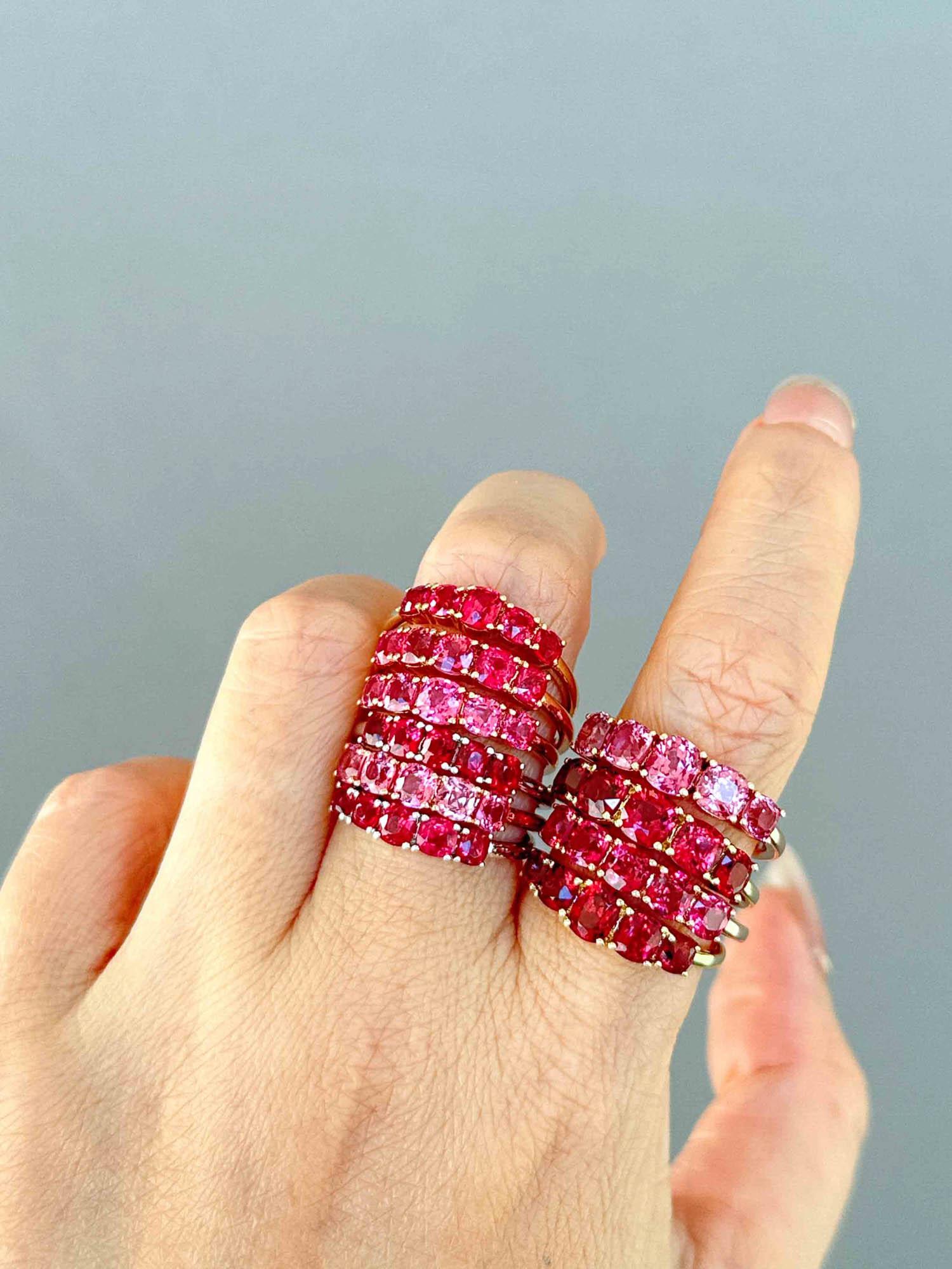 Bright Red Hot Pink Spinel Stacking Band 14K Gold Jedi Rare to Find  For Sale 3
