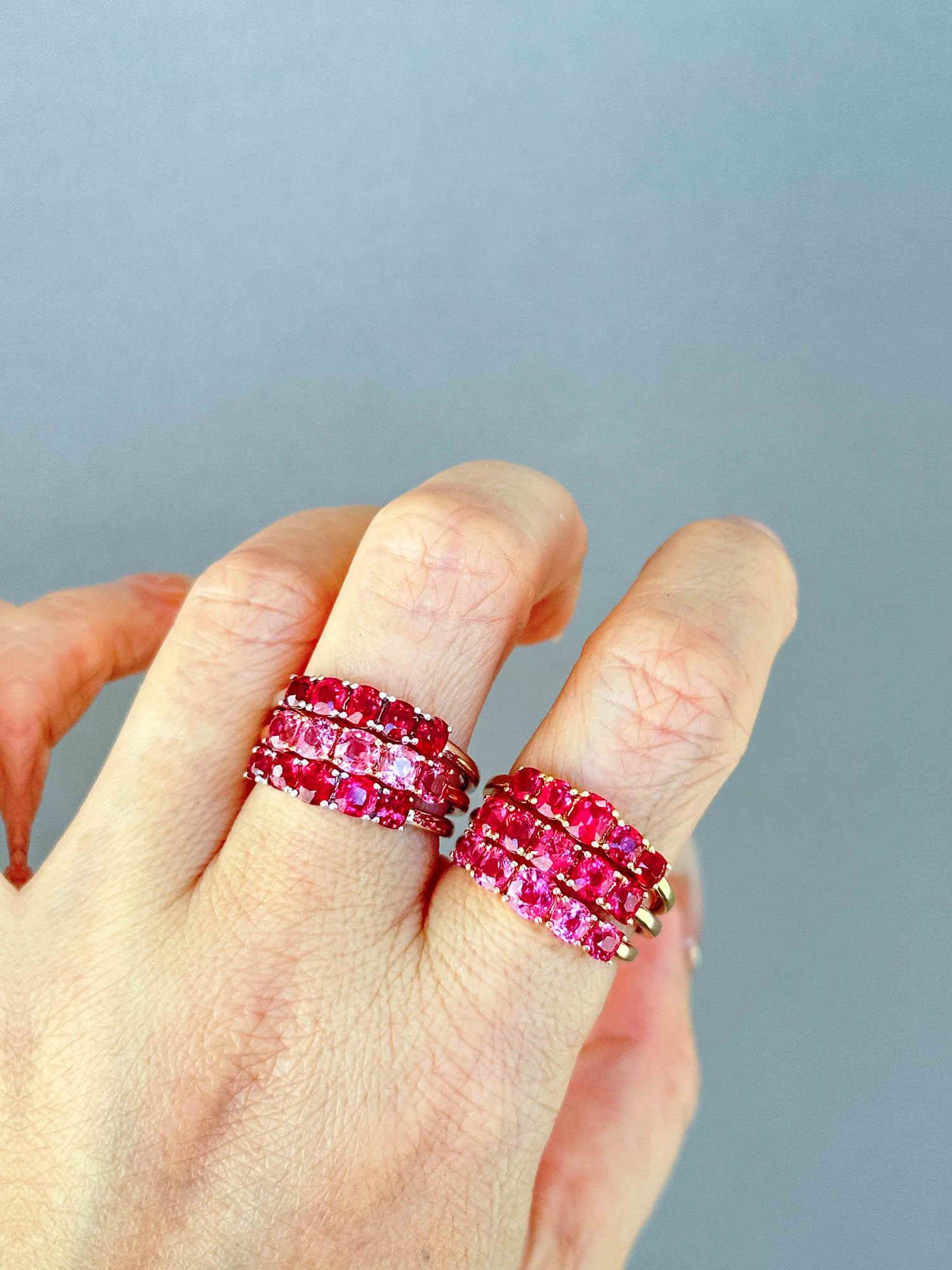 Bright Red Hot Pink Spinel Stacking Band 14K Gold Jedi Rare to Find  For Sale 4