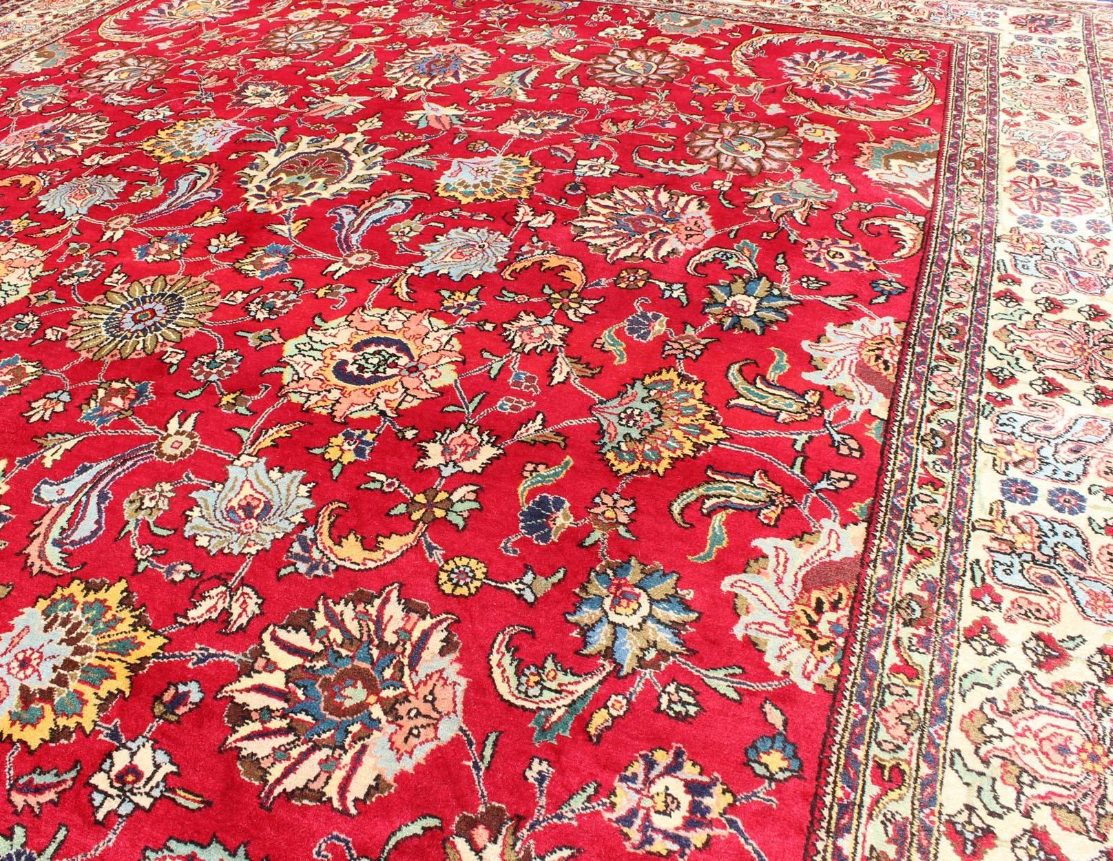 Semi Antique Persian Tabriz Rug with All-Over Blossom Design In Red and Ivory  For Sale 4
