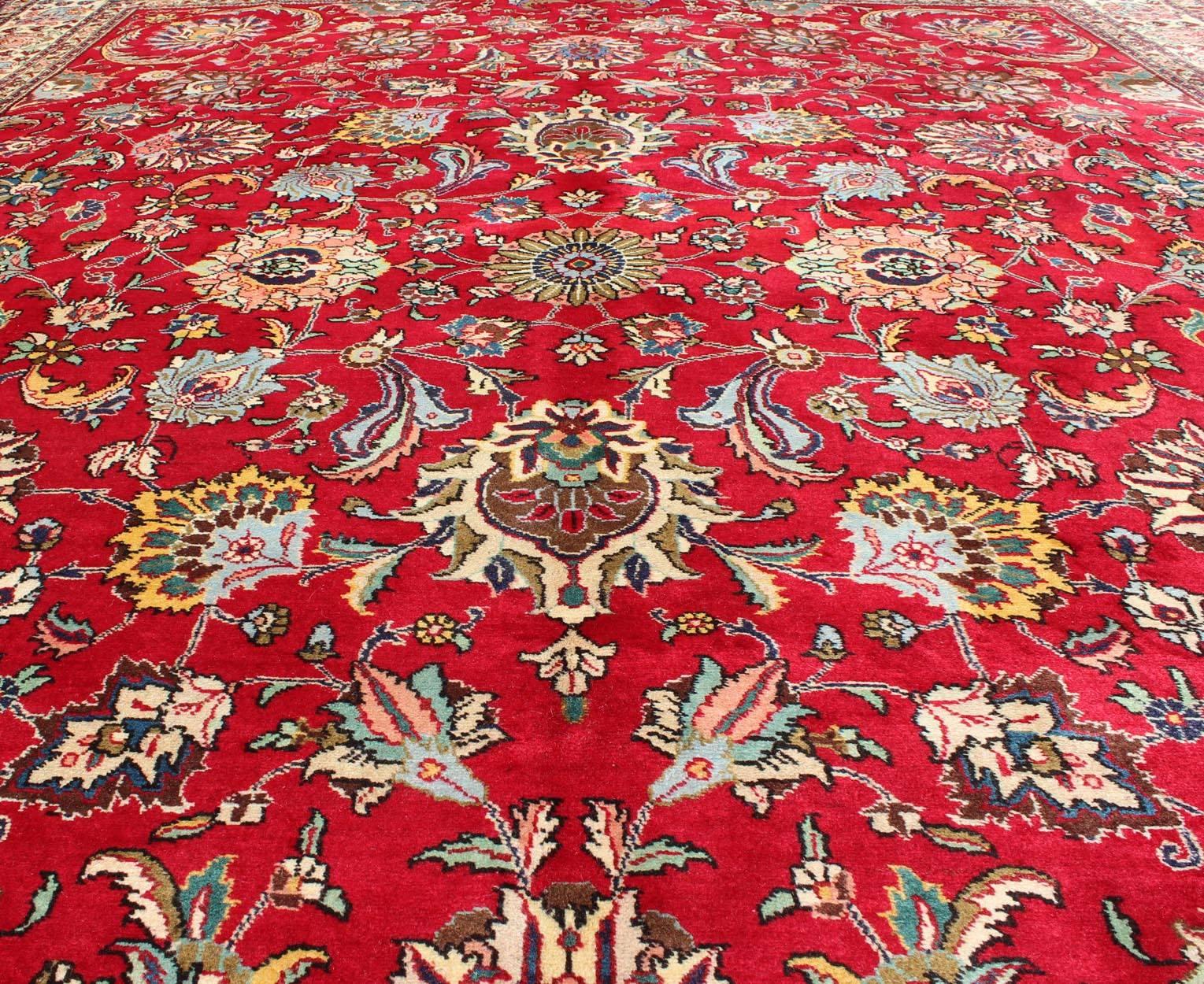 Semi Antique Persian Tabriz Rug with All-Over Blossom Design In Red and Ivory  For Sale 5