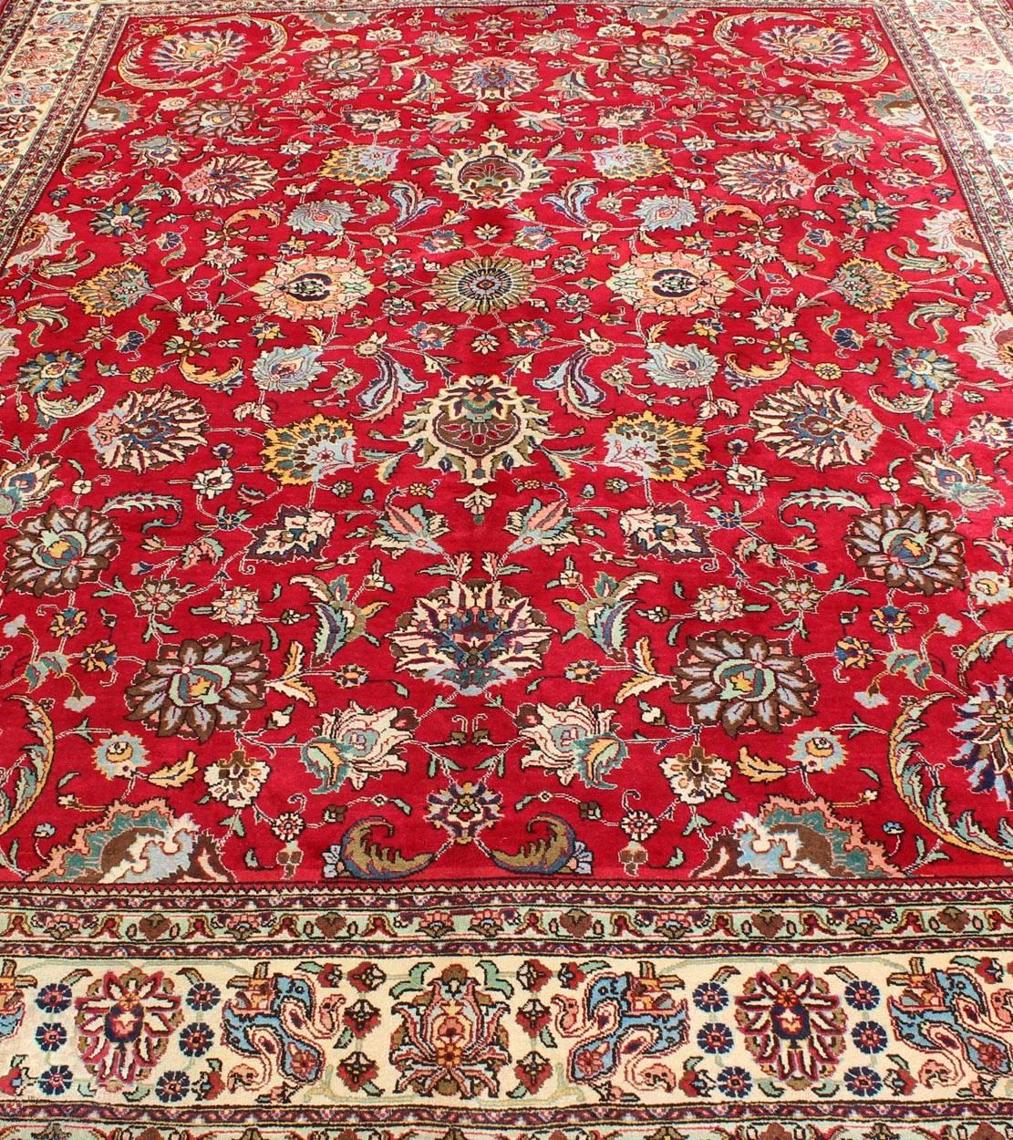 Semi Antique Persian Tabriz Rug with All-Over Blossom Design In Red and Ivory  For Sale 6
