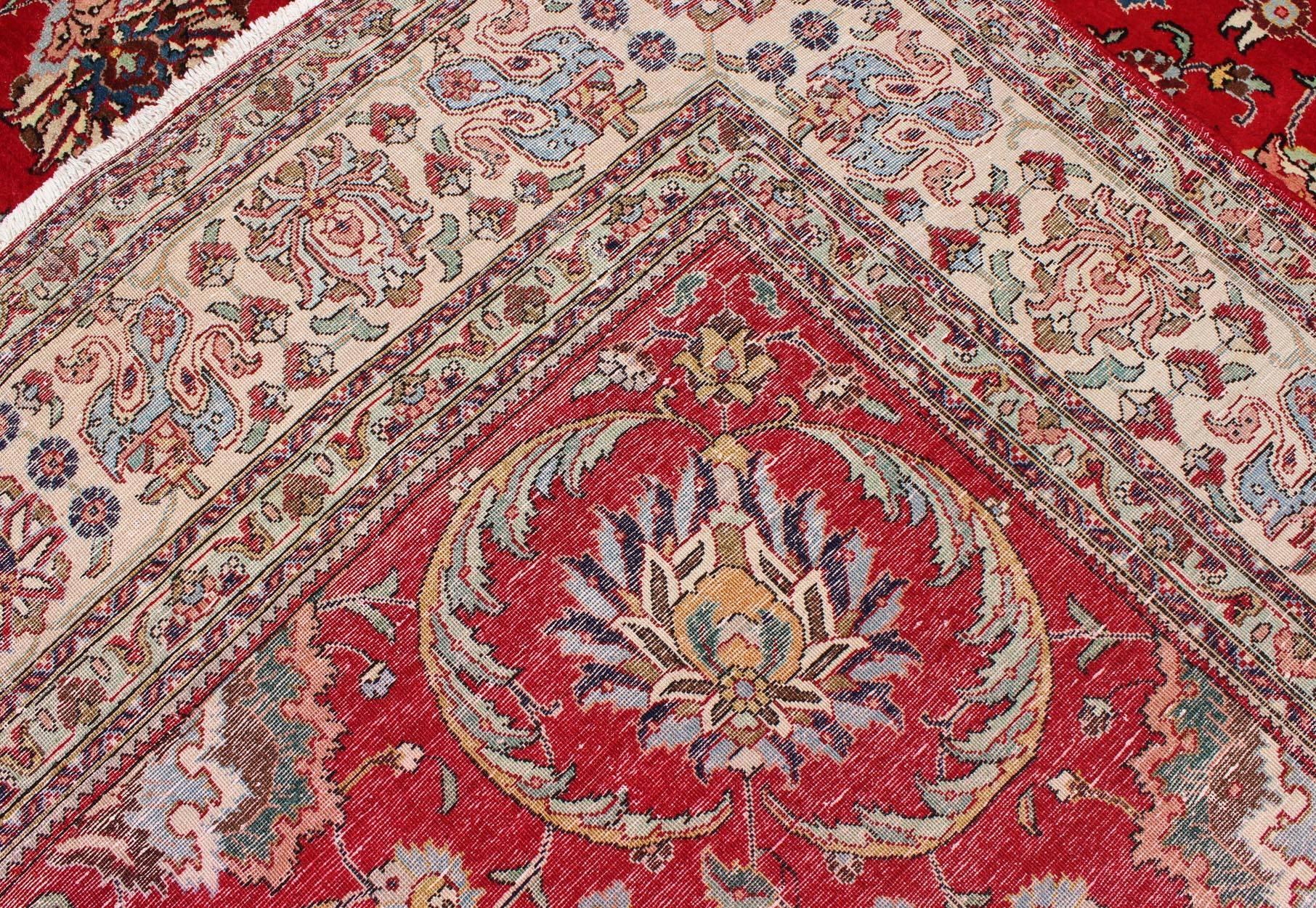 Semi Antique Persian Tabriz Rug with All-Over Blossom Design In Red and Ivory  For Sale 7