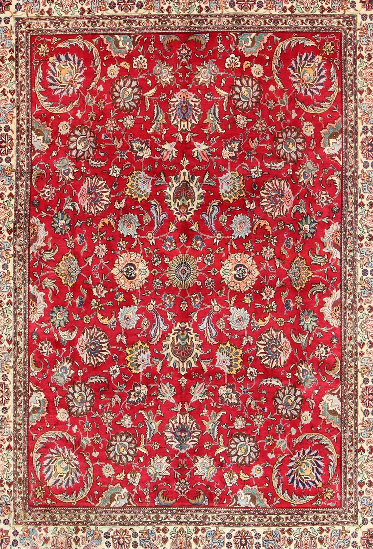 Hand-Knotted Semi Antique Persian Tabriz Rug with All-Over Blossom Design In Red and Ivory  For Sale