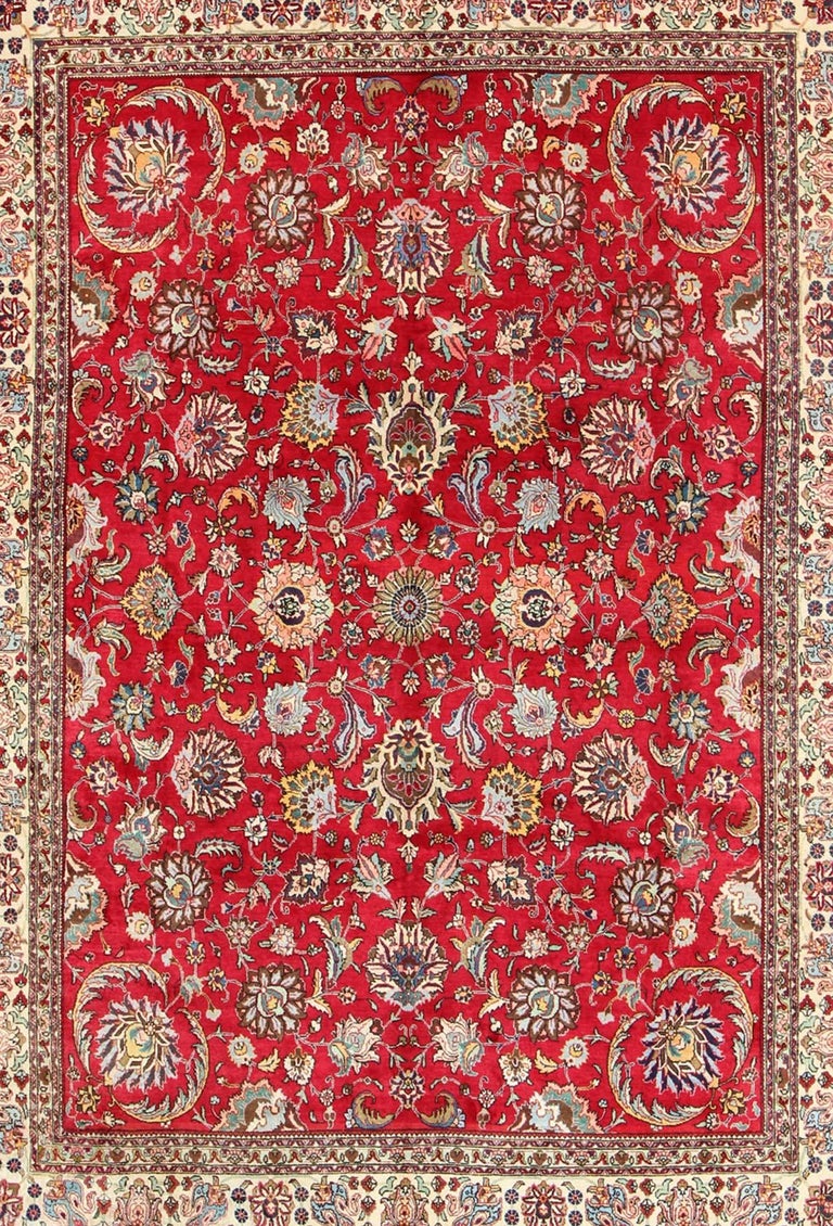 Bright Red Midcentury/Vintage Persian Tabriz Rug with AllOver Blossom