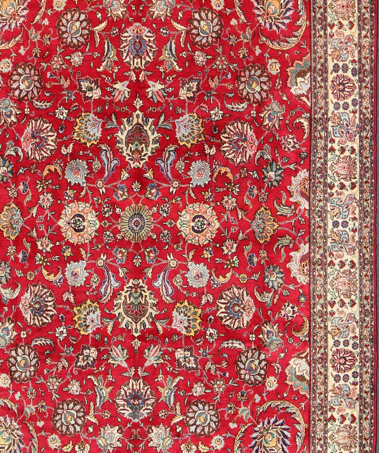 Semi Antique Persian Tabriz Rug with All-Over Blossom Design In Red and Ivory  In Excellent Condition For Sale In Atlanta, GA