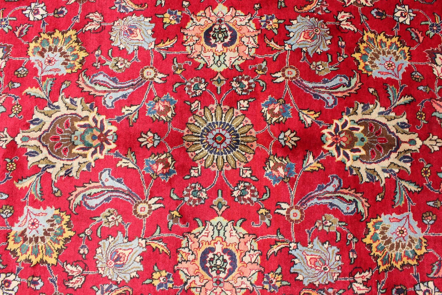 Wool Semi Antique Persian Tabriz Rug with All-Over Blossom Design In Red and Ivory  For Sale
