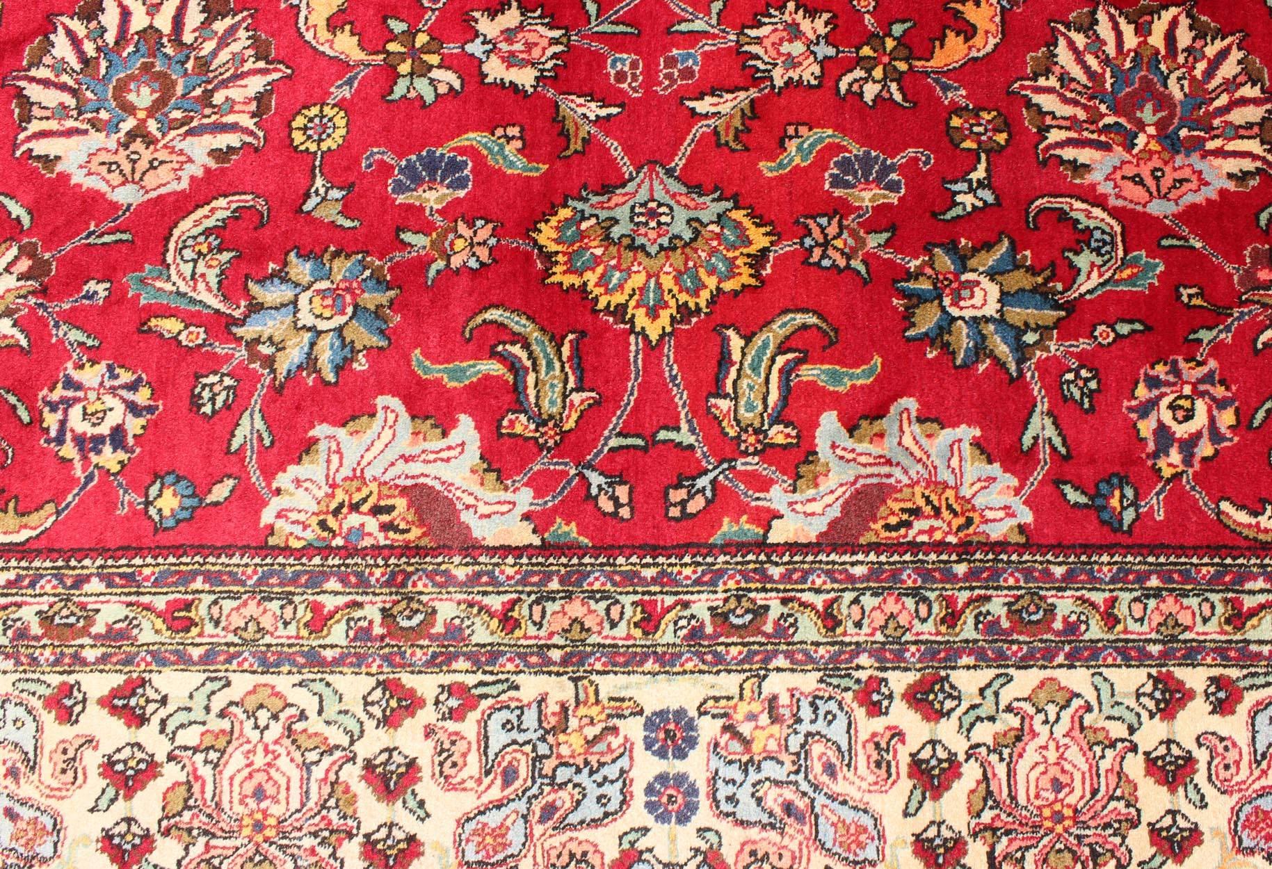 Semi Antique Persian Tabriz Rug with All-Over Blossom Design In Red and Ivory  For Sale 3