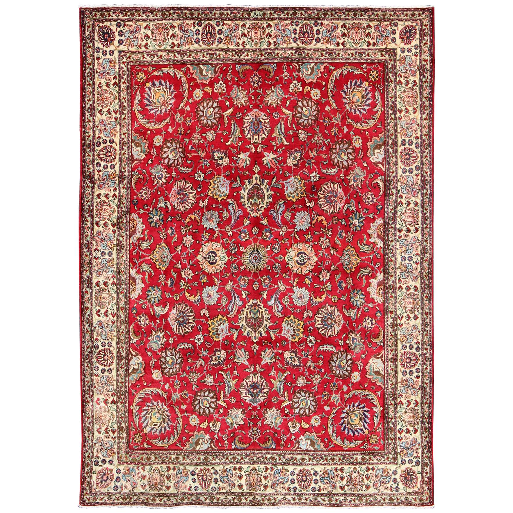 Semi Antique Persian Tabriz Rug with All-Over Blossom Design In Red and Ivory  For Sale