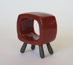 Bright Red Rectangular Ring on 4 Bare Brown Stoneware Legs, Ceramic Sculpture