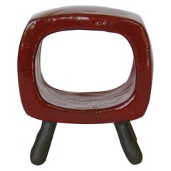 Bright Red Rectangular Ring on 4 Bare Brown Stoneware Legs, Ceramic Sculpture