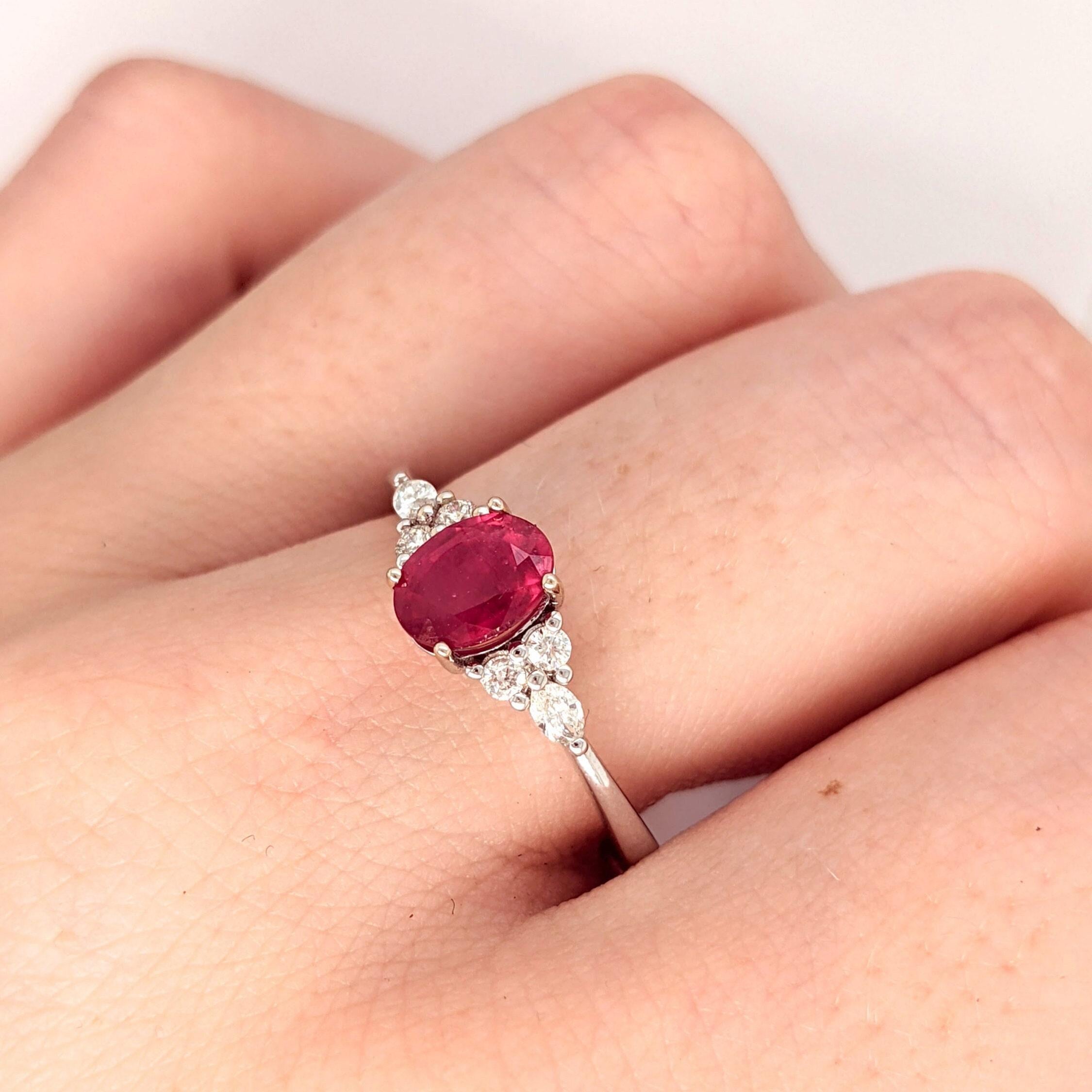 Modern Bright Red Ruby Ring w Earth Mined Diamonds in Solid 14K Gold Oval 8x6mm For Sale