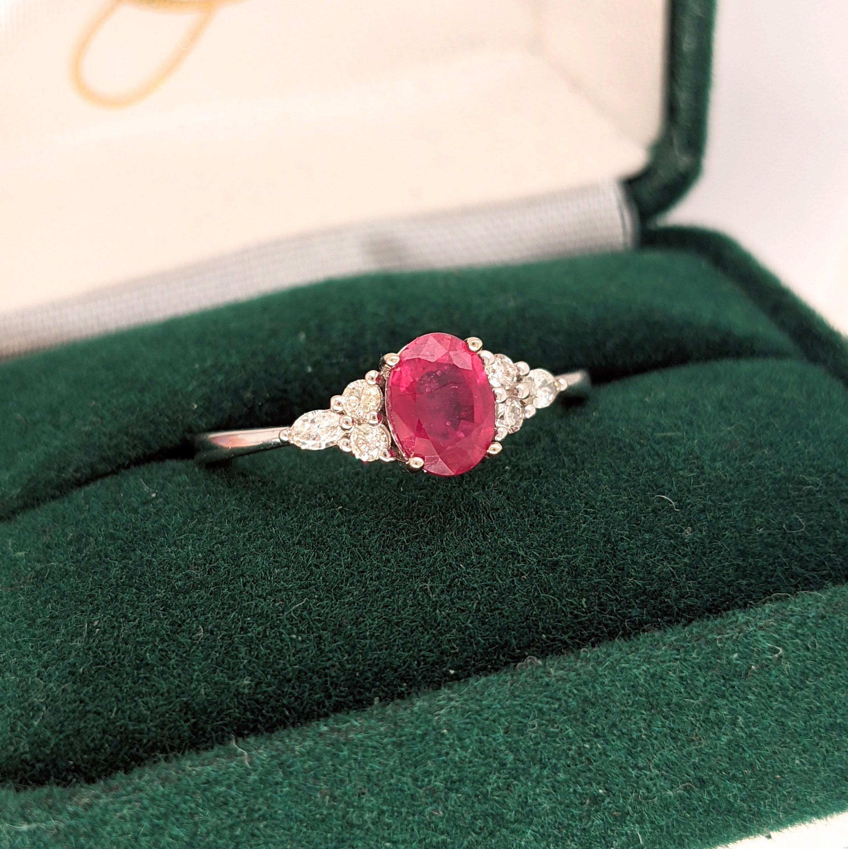Oval Cut Bright Red Ruby Ring w Earth Mined Diamonds in Solid 14K Gold Oval 8x6mm For Sale