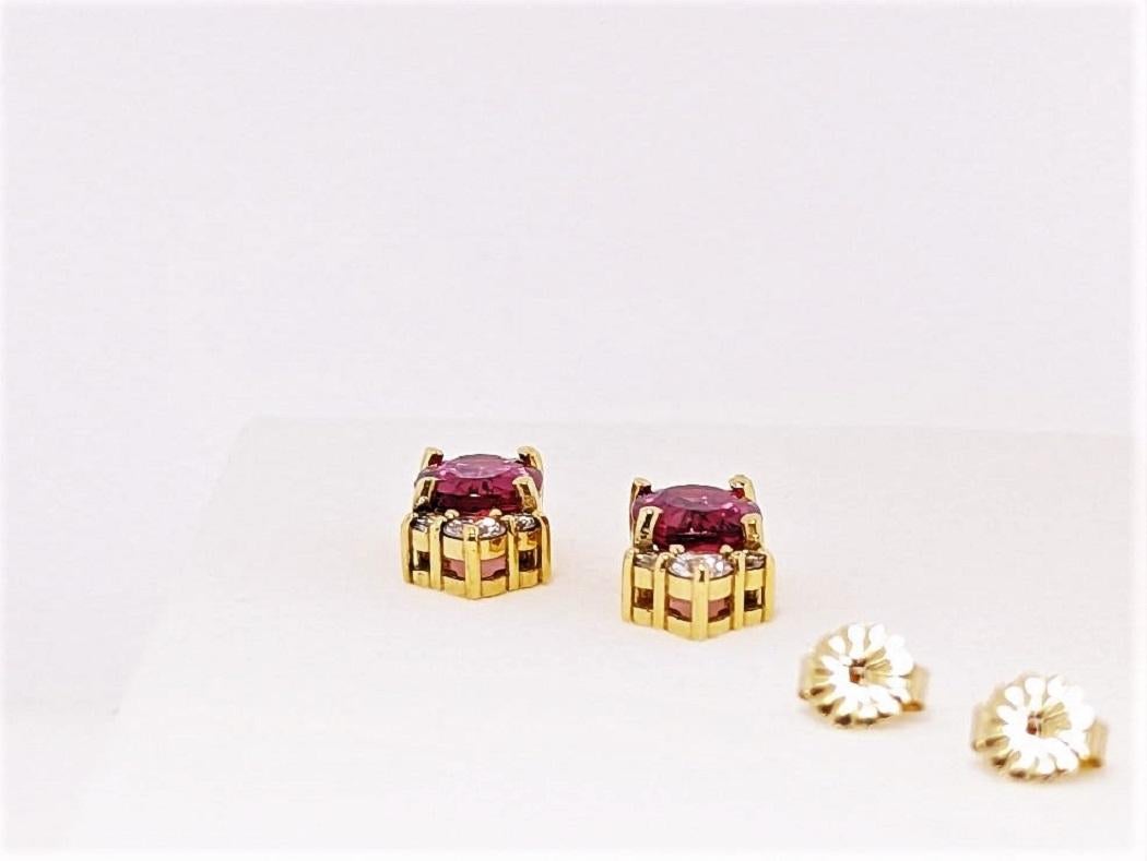 Art Nouveau Bright Red Tourmaline '2=3.75cts', Diamond '0.41cts', 18ky Gold Earstuds For Sale