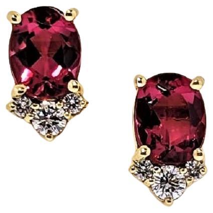 Bright Red Tourmaline '2=3.75cts', Diamond '0.41cts', 18ky Gold Earstuds