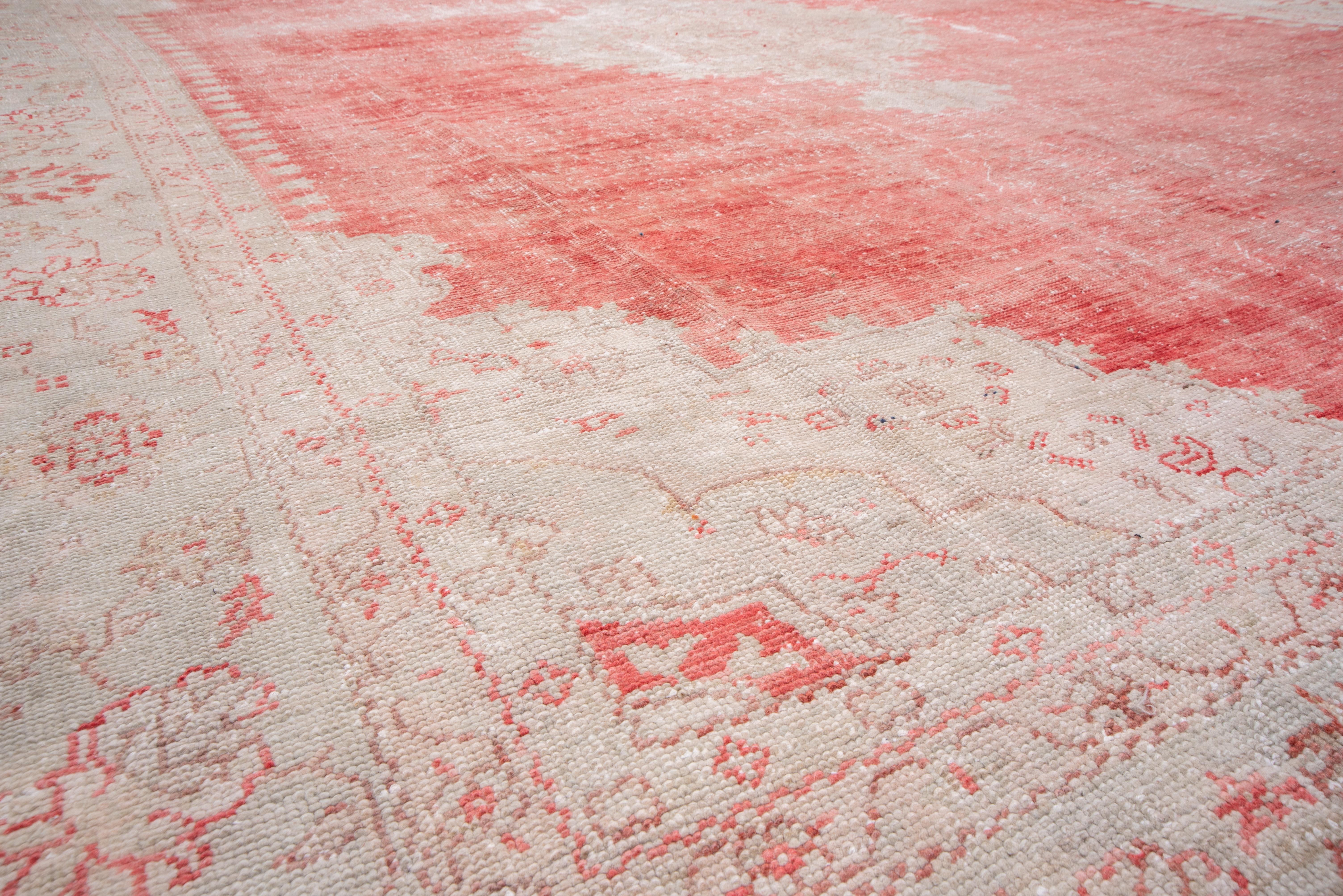Hand-Knotted Bright Red Turkish Oushak Carpet, Ivory & Light Blue Borders, Lightly Distressed For Sale