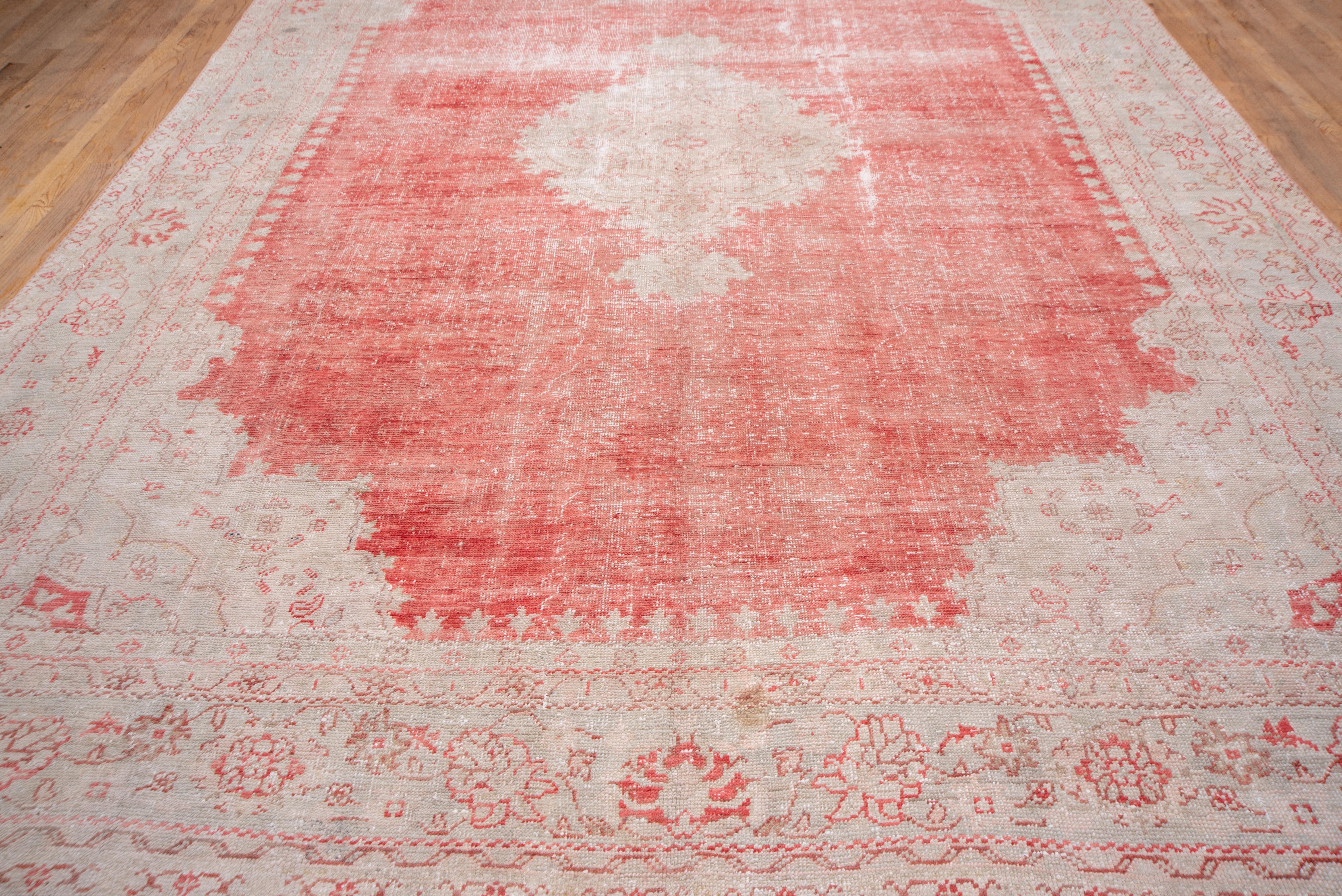 Bright Red Turkish Oushak Carpet, Ivory & Light Blue Borders, Lightly Distressed In Good Condition For Sale In New York, NY