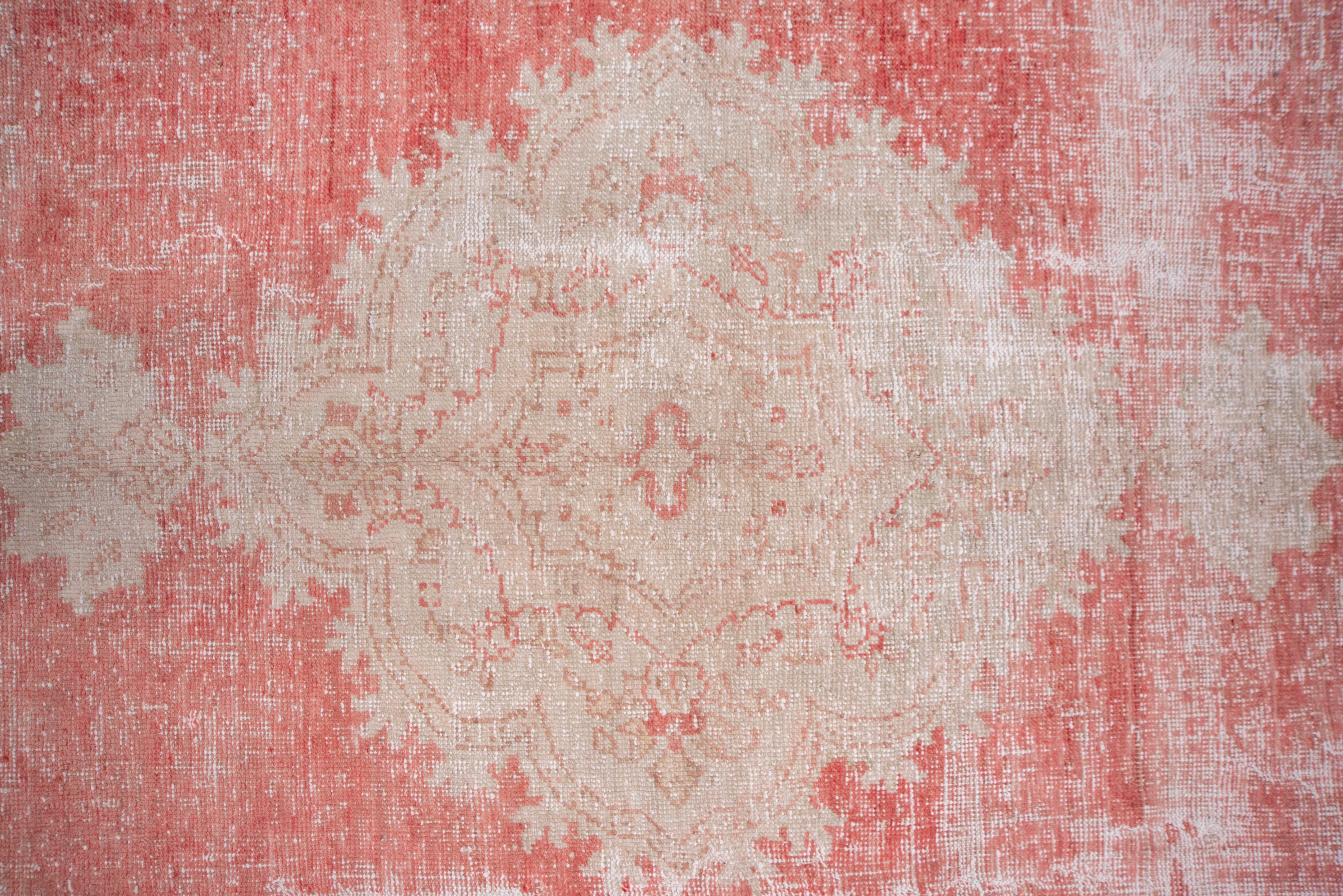 Mid-20th Century Bright Red Turkish Oushak Carpet, Ivory & Light Blue Borders, Lightly Distressed For Sale