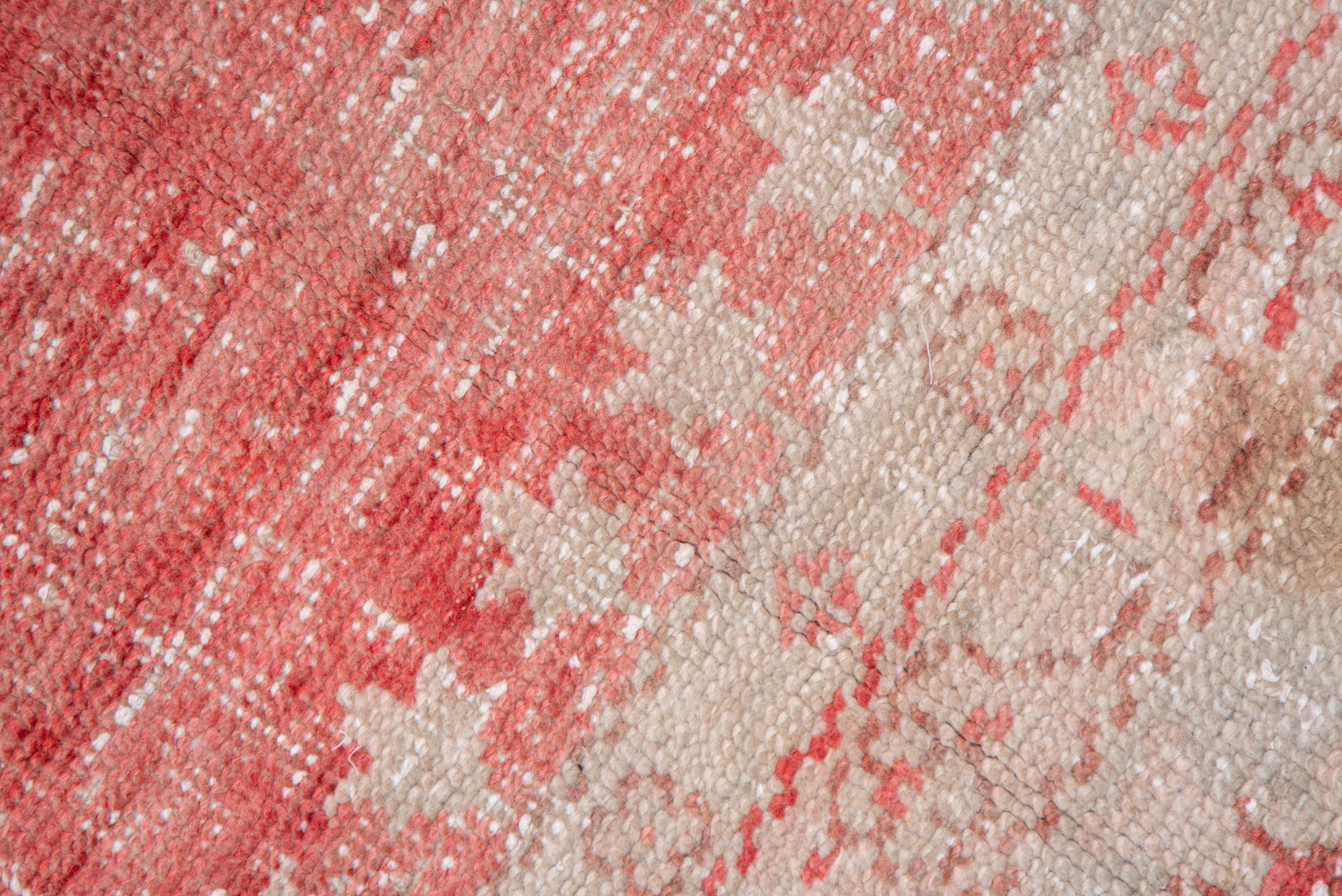 Wool Bright Red Turkish Oushak Carpet, Ivory & Light Blue Borders, Lightly Distressed For Sale