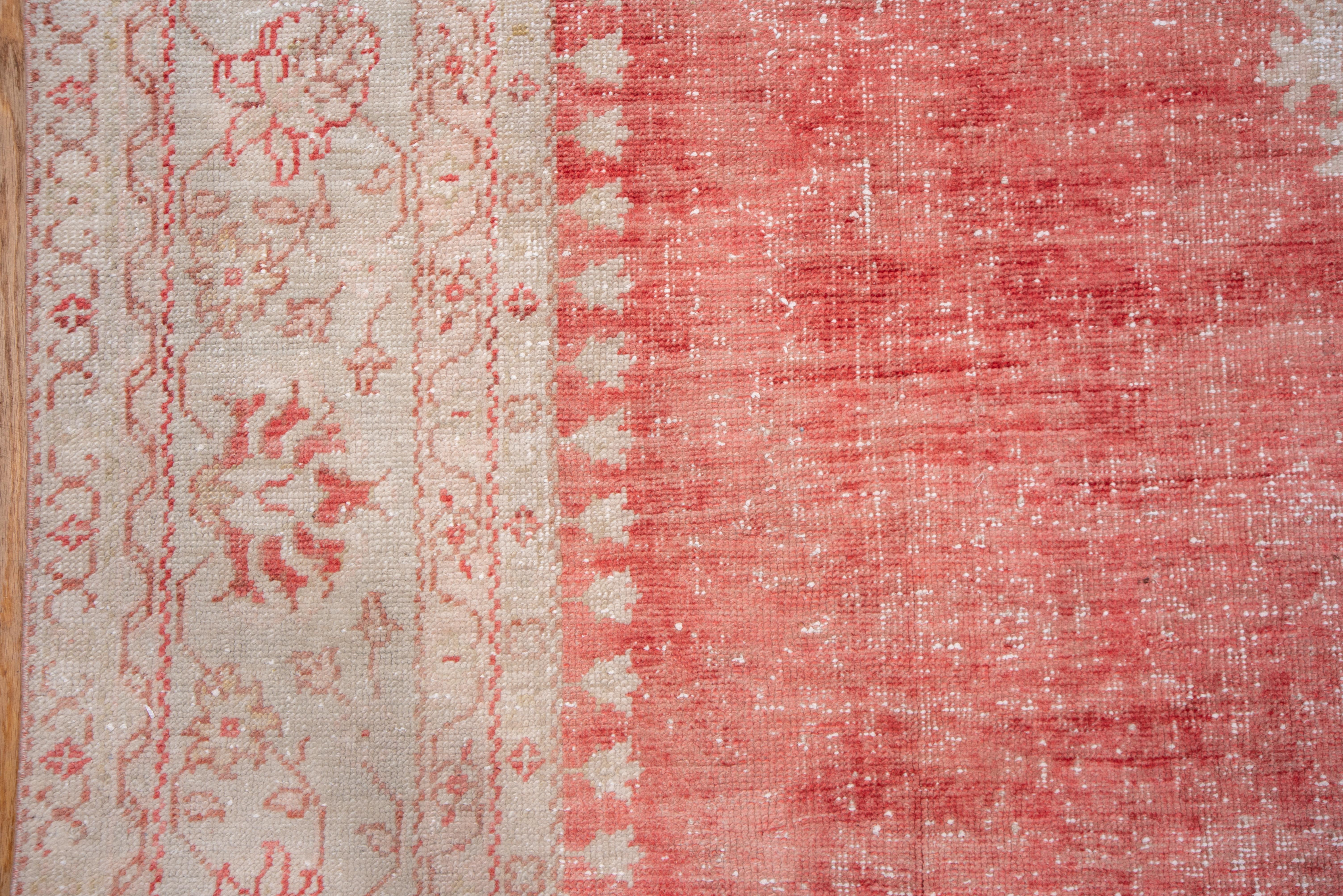 Bright Red Turkish Oushak Carpet, Ivory & Light Blue Borders, Lightly Distressed For Sale 1