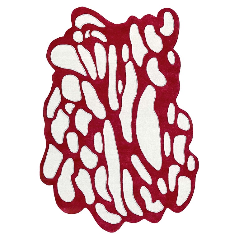 Unique Red Rug Bright Red White Rug Irregular Unusual Abstract Shape, Tratto Curvo, in ...