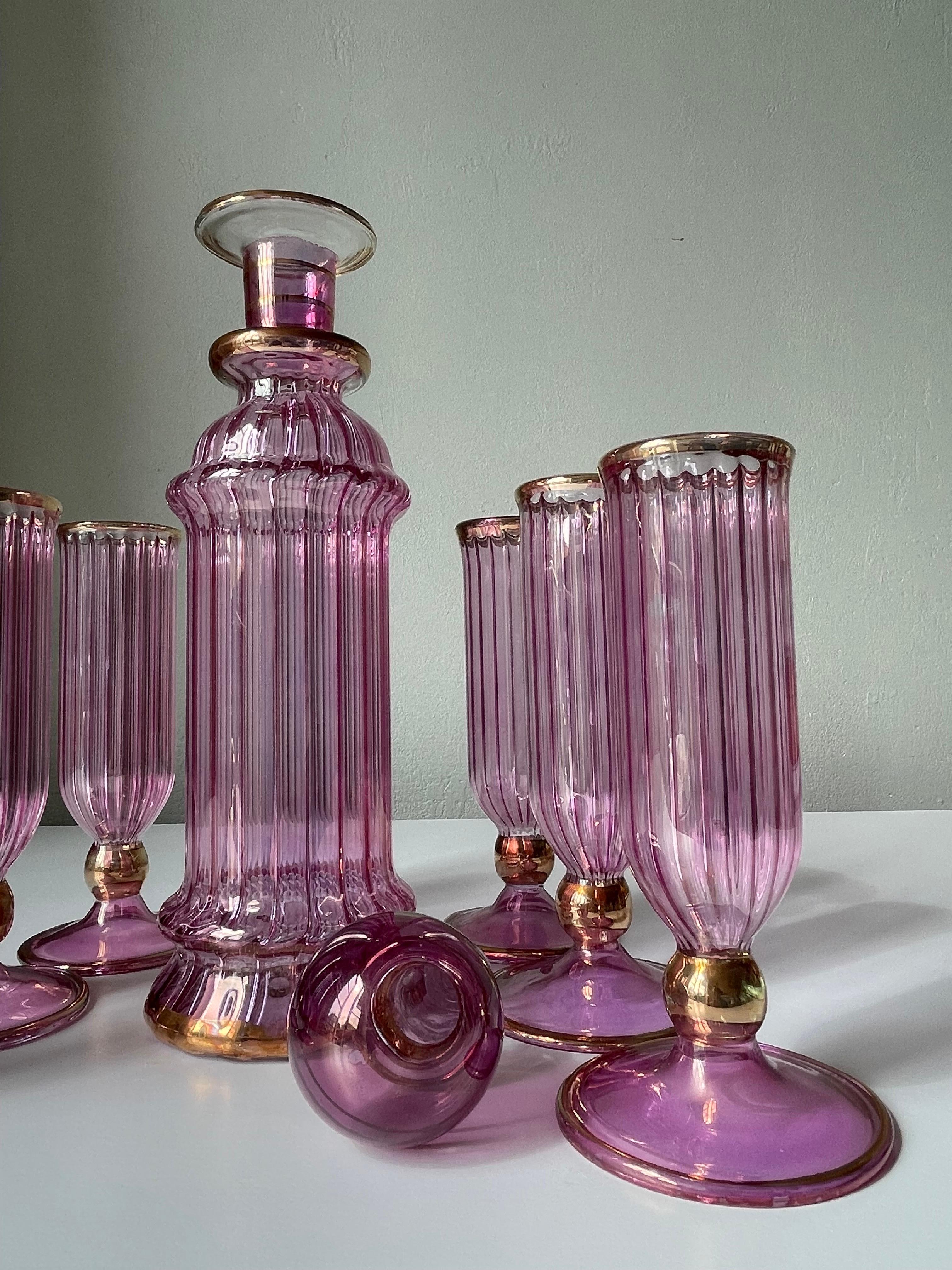 1950s Italian Murano Bright Rose Pink Gold Art Glass Serving Set For Sale 4