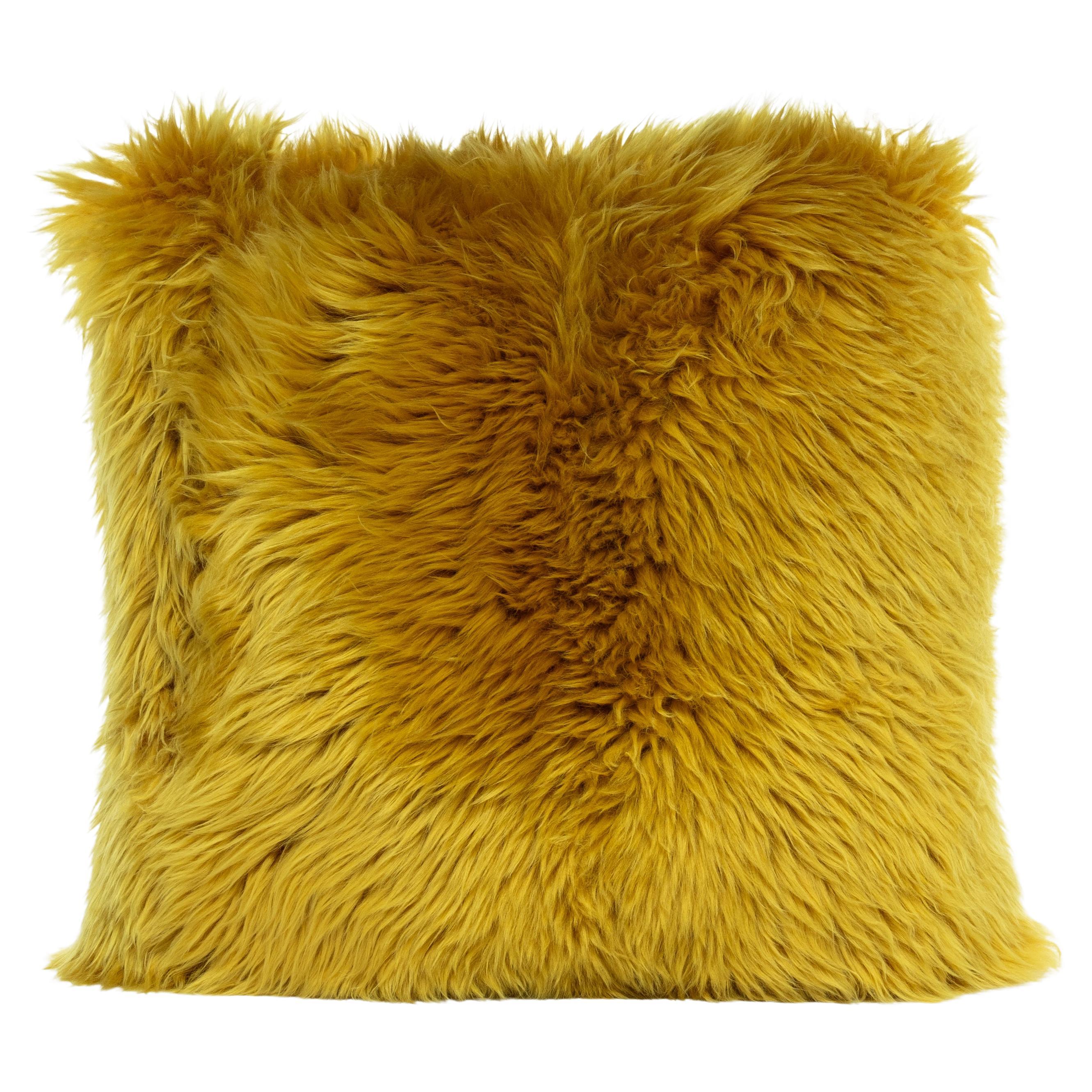 Shearling Sheepskin Yellow Mustard Cushion by Muchi Decor, Made in Italy
