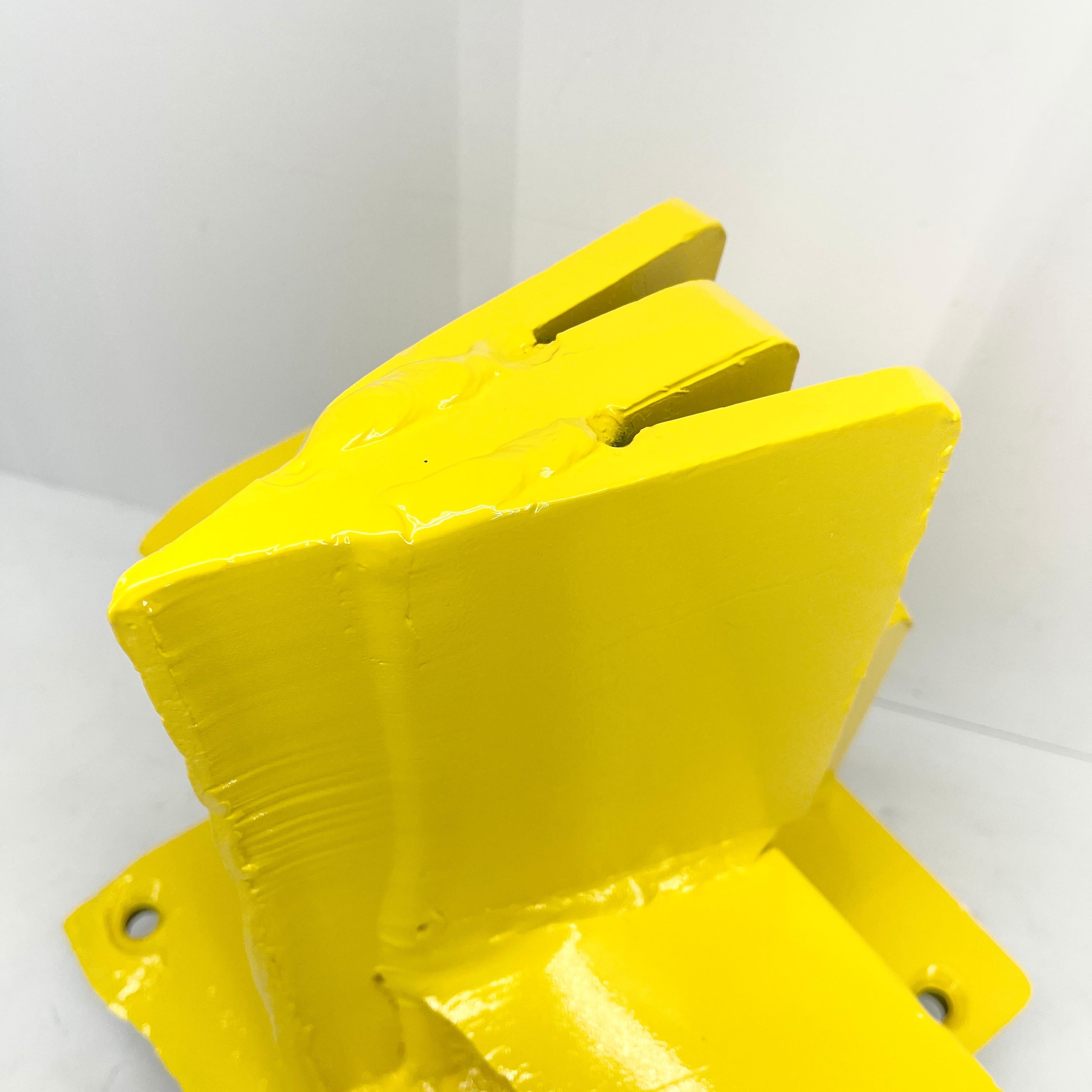 Bright Sunshine Yellow Abstract Eagle Head Sculpture From a 3 Way Wood Splitter For Sale 3