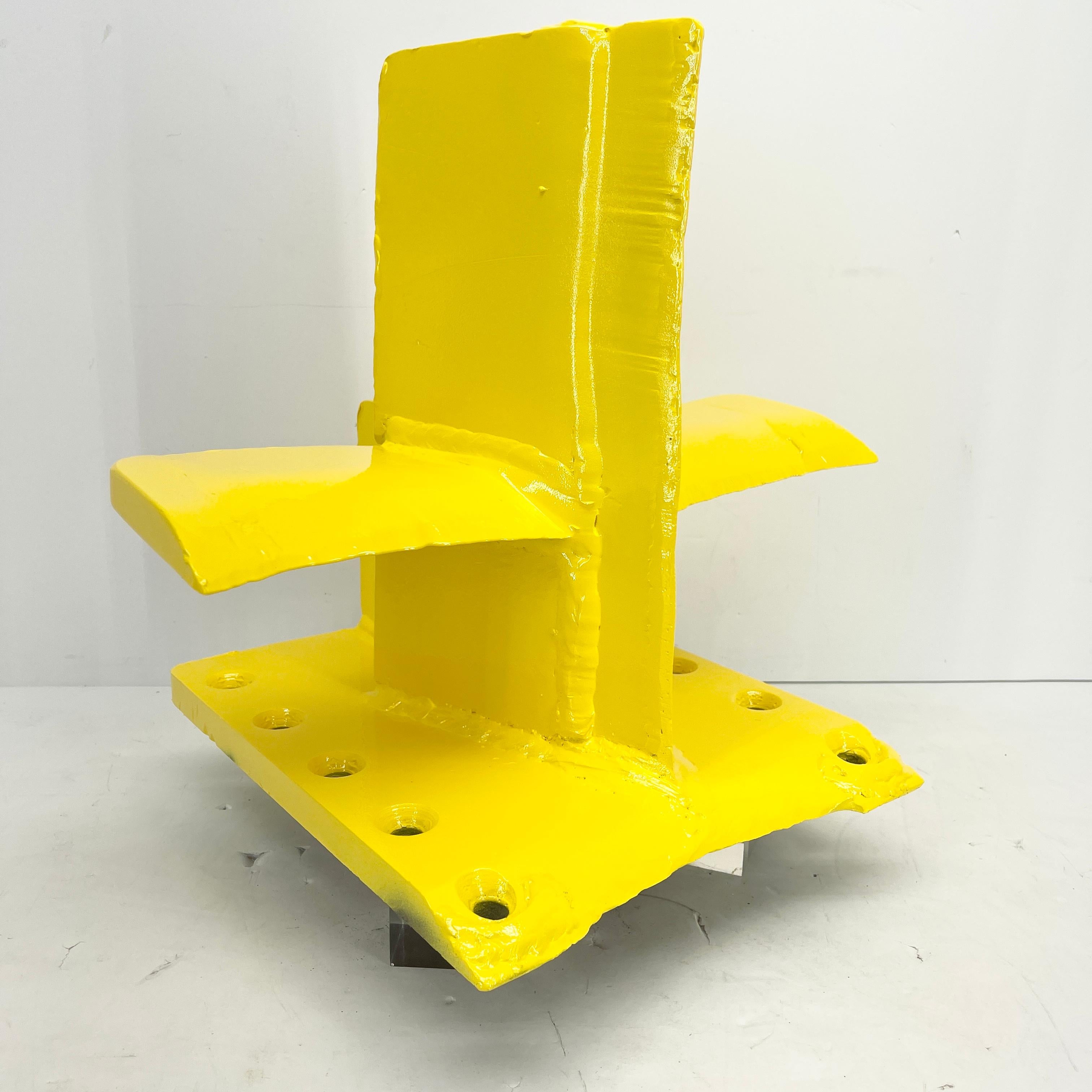 Bright Sunshine Yellow Abstract Eagle Head Sculpture From a 3 Way Wood Splitter For Sale 6