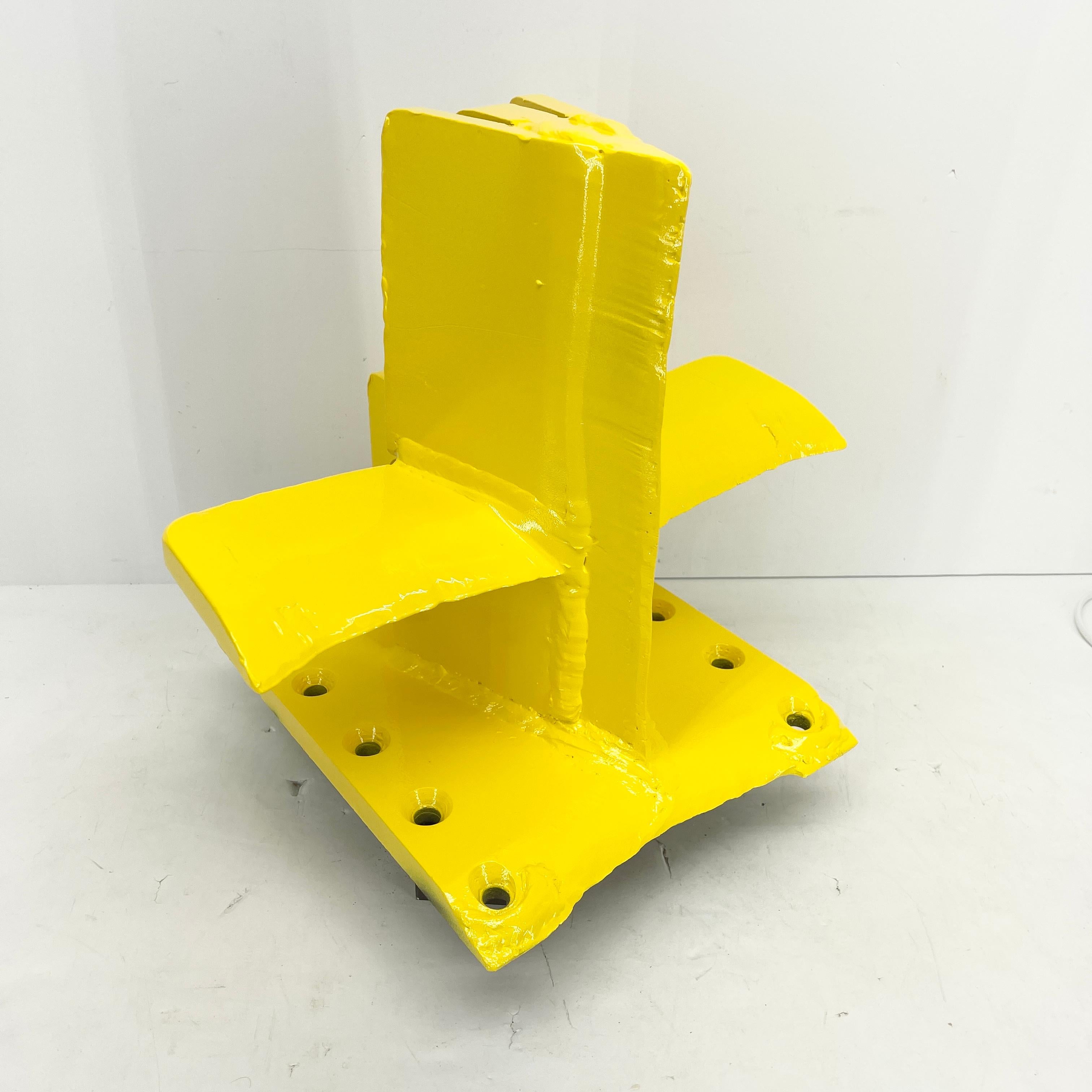 Bright Sunshine Yellow Abstract Eagle Head Sculpture From a 3 Way Wood Splitter For Sale 7