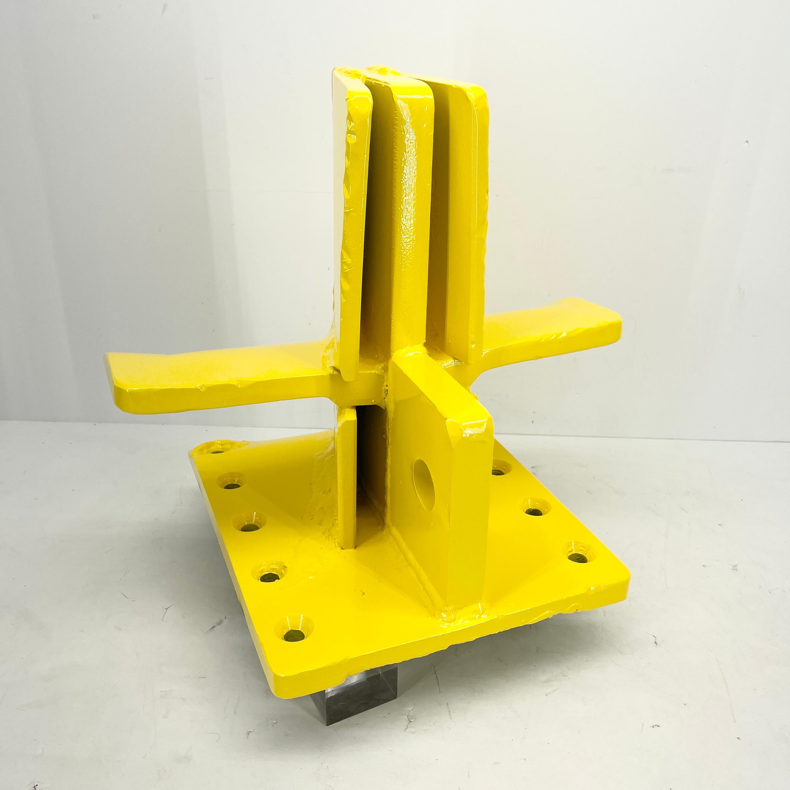 Bright Sunshine Yellow Abstract Eagle Head Sculpture From a 3 Way Wood Splitter For Sale 9