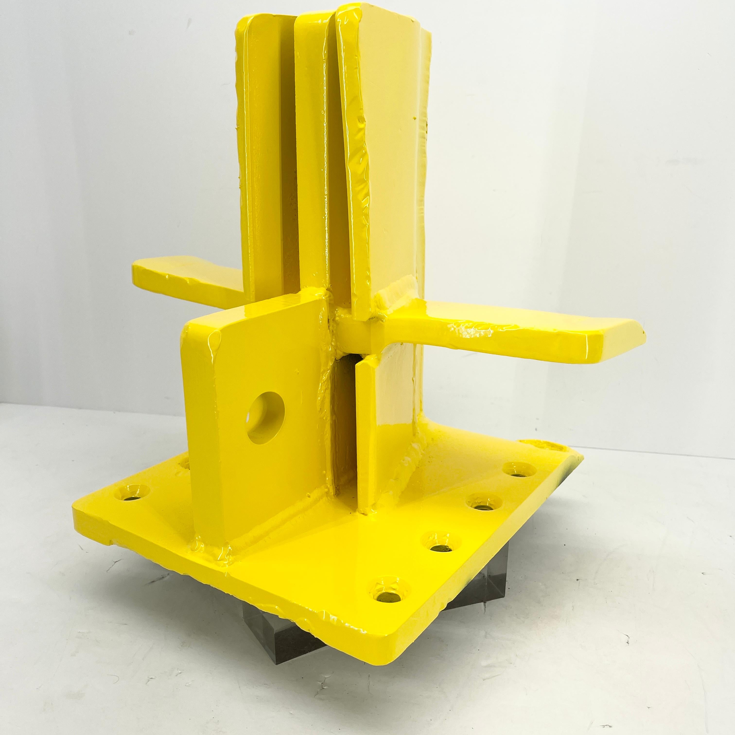 Bright Sunshine Yellow Abstract Eagle Head Sculpture From a 3 Way Wood Splitter For Sale 11