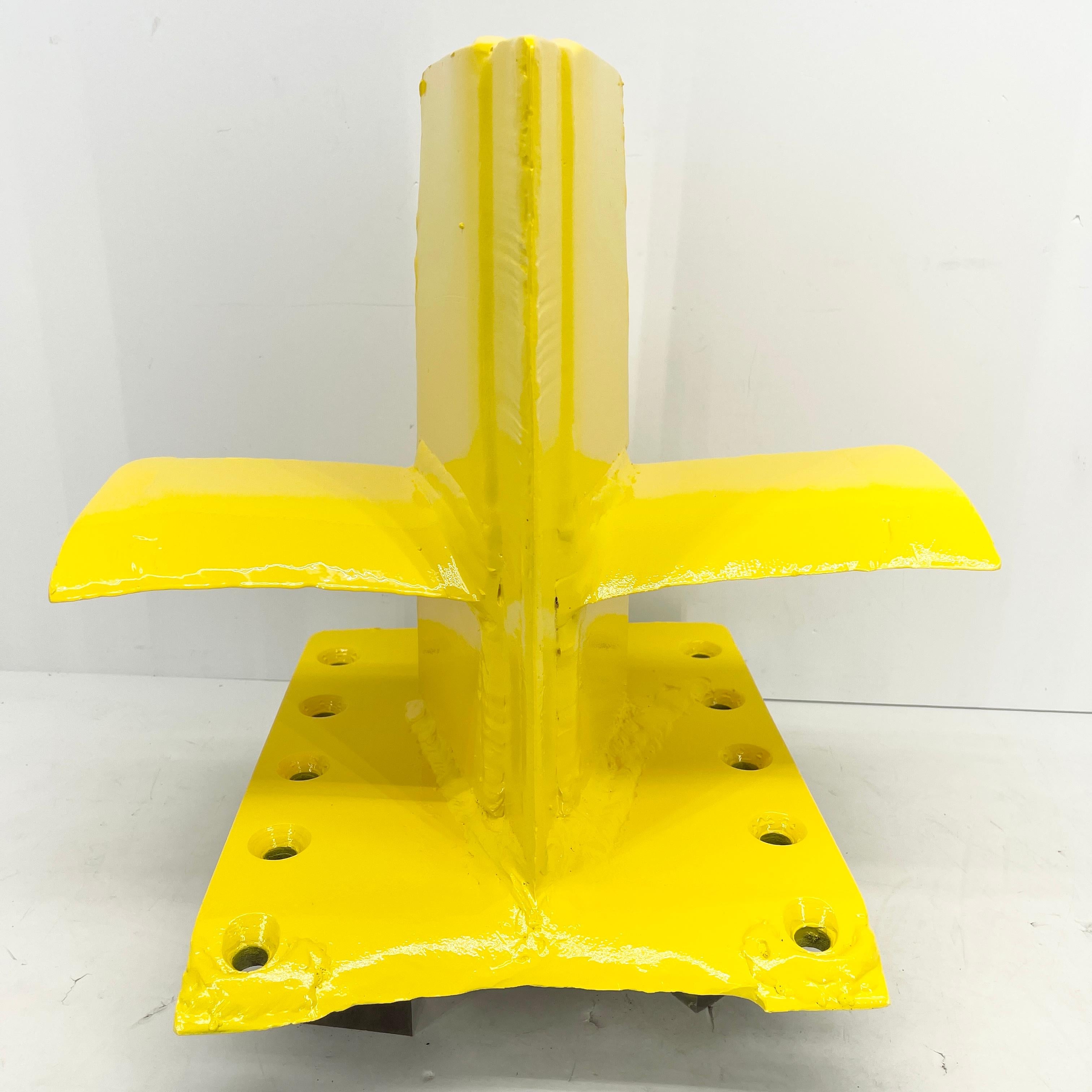 Mid-20th Century Bright Sunshine Yellow Abstract Eagle Head Sculpture From a 3 Way Wood Splitter For Sale
