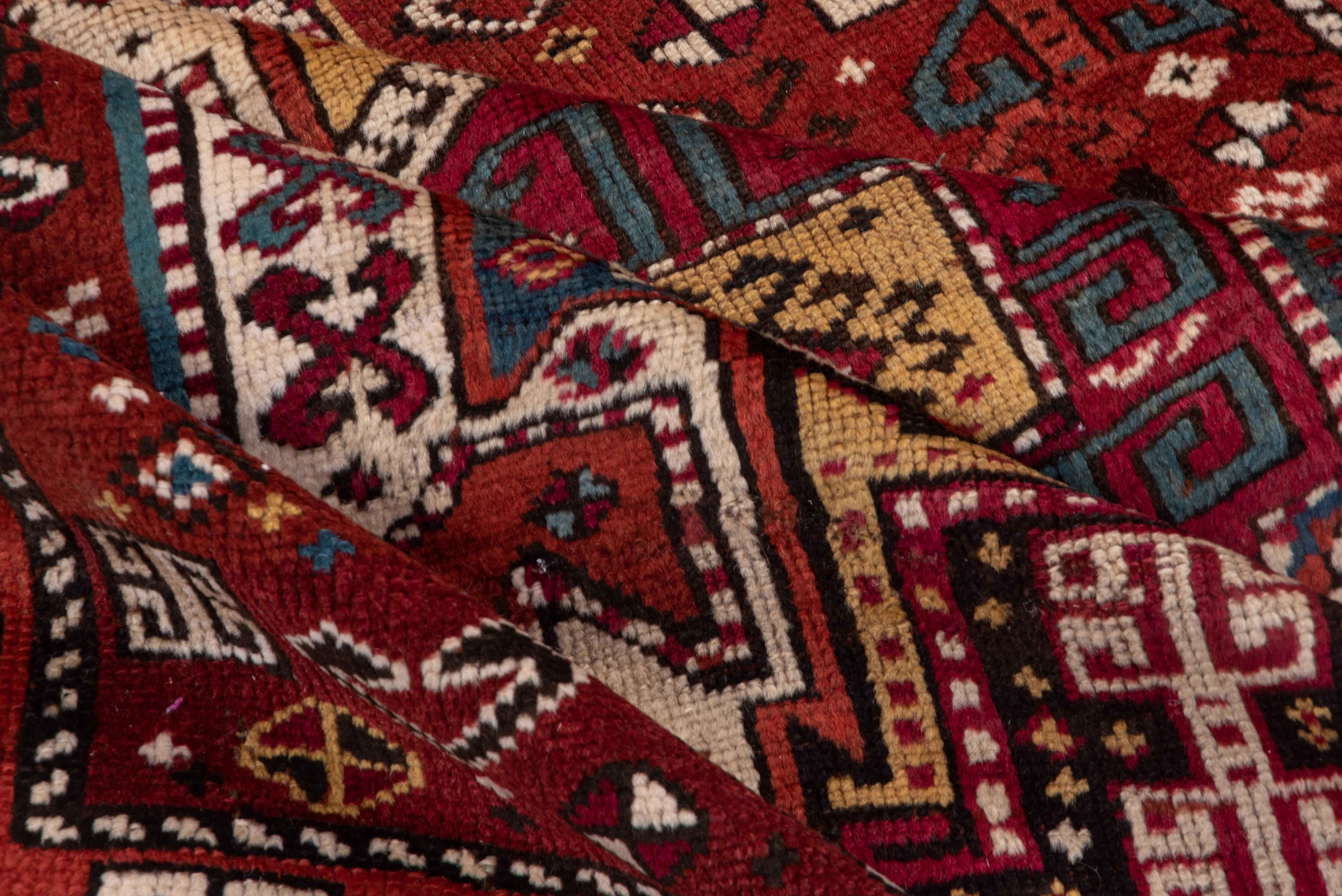 Hand-Knotted Bright Toned Antique Caucasian Kazak Style Wide Runner, Colorful and Bold Tones For Sale