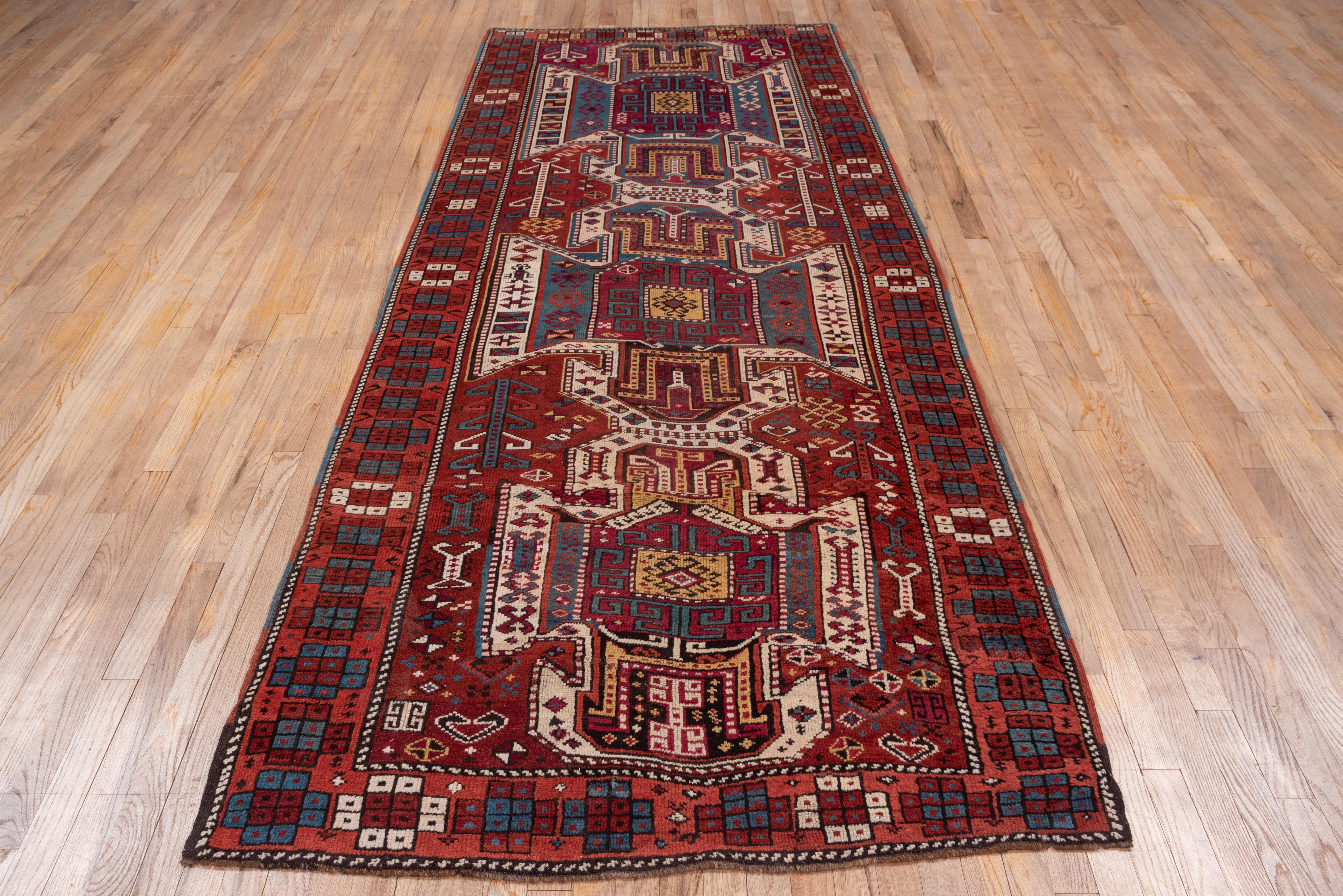 Bright Toned Antique Caucasian Kazak Style Wide Runner, Colorful and Bold Tones In Good Condition For Sale In New York, NY