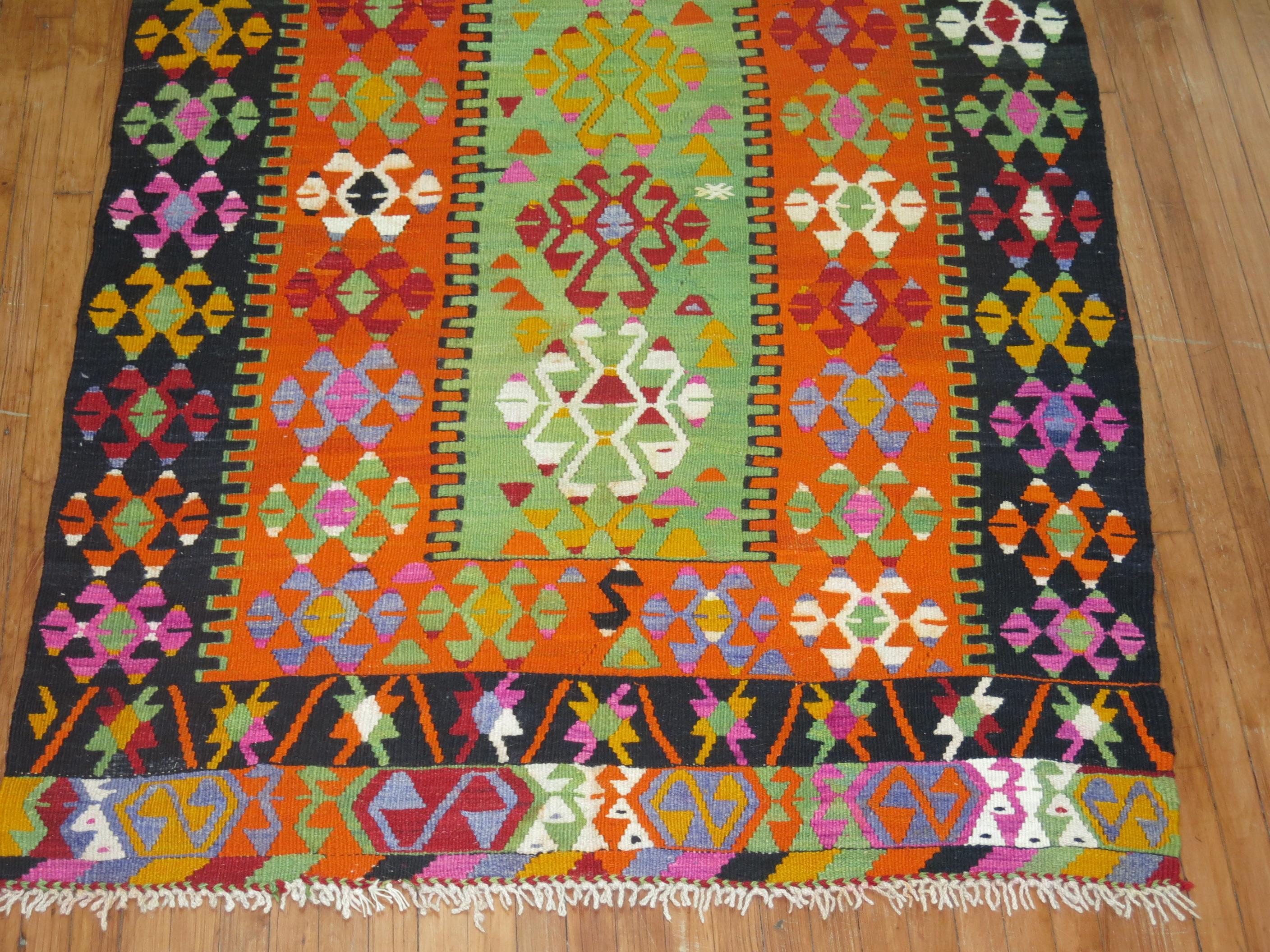Bohemian Bright Turkish Kilim Geometric Tribal Flat-Weave For Sale