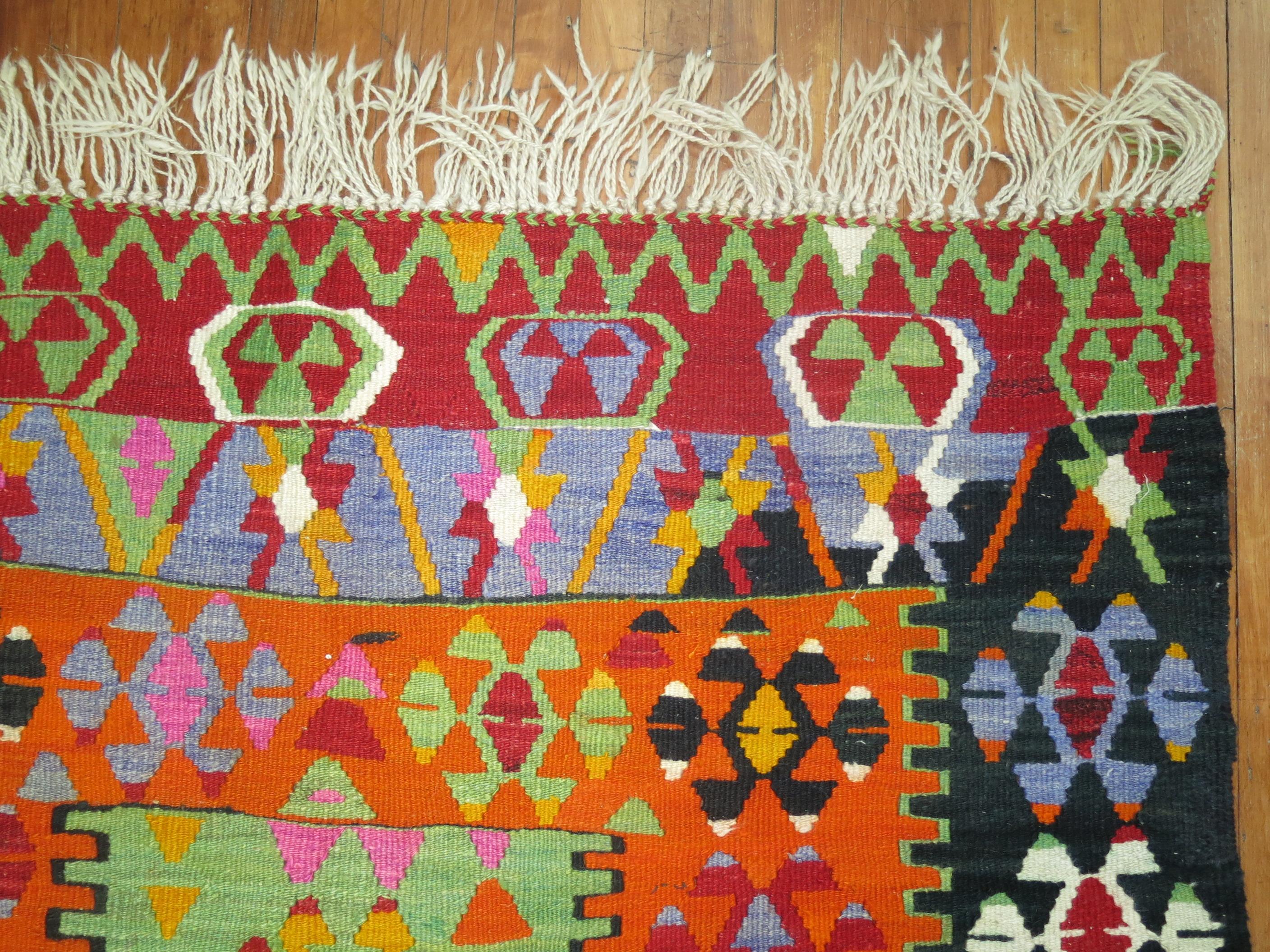 Hand-Woven Bright Turkish Kilim Geometric Tribal Flat-Weave For Sale