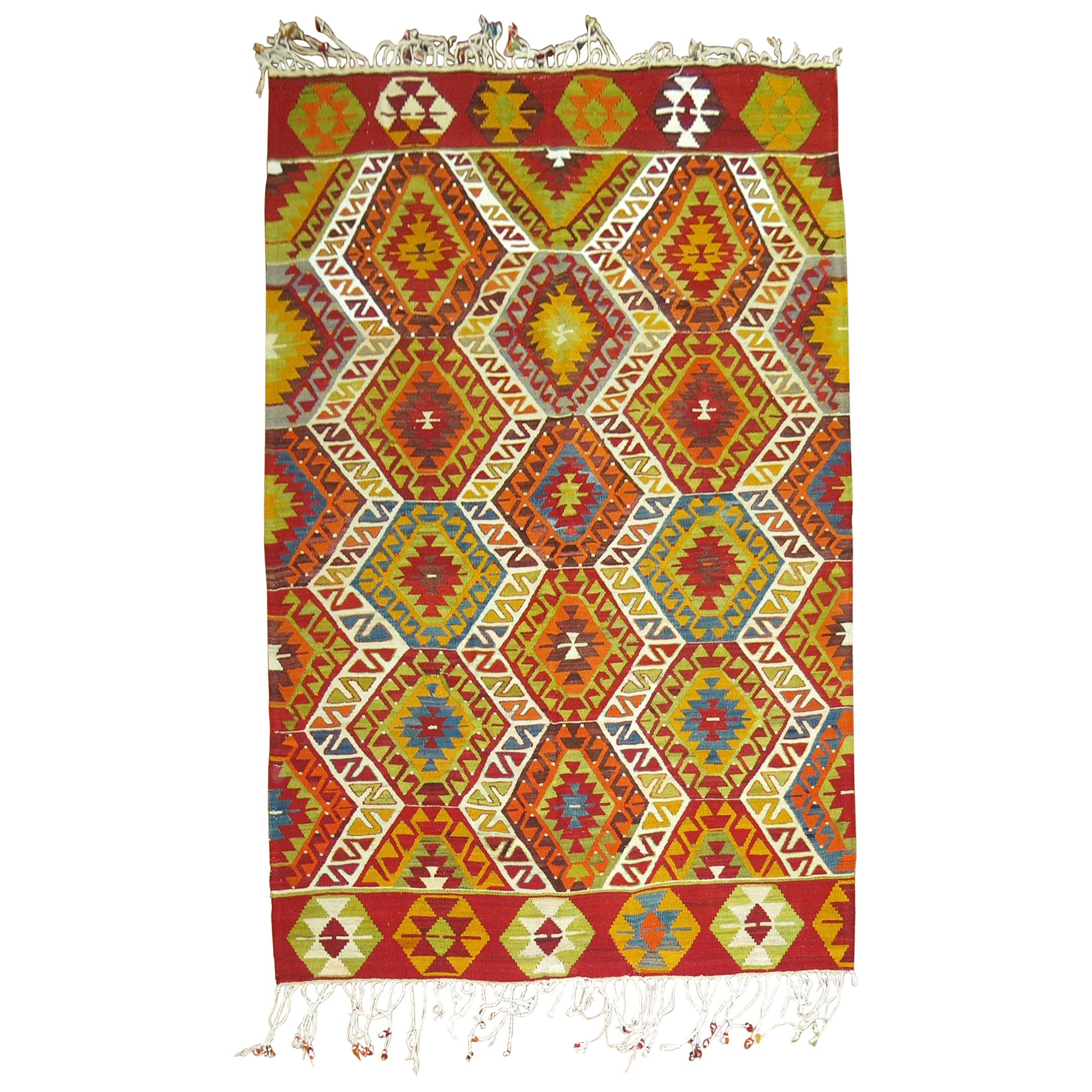 Bright Turkish Kilim Geometric Tribal Flat-Weave For Sale