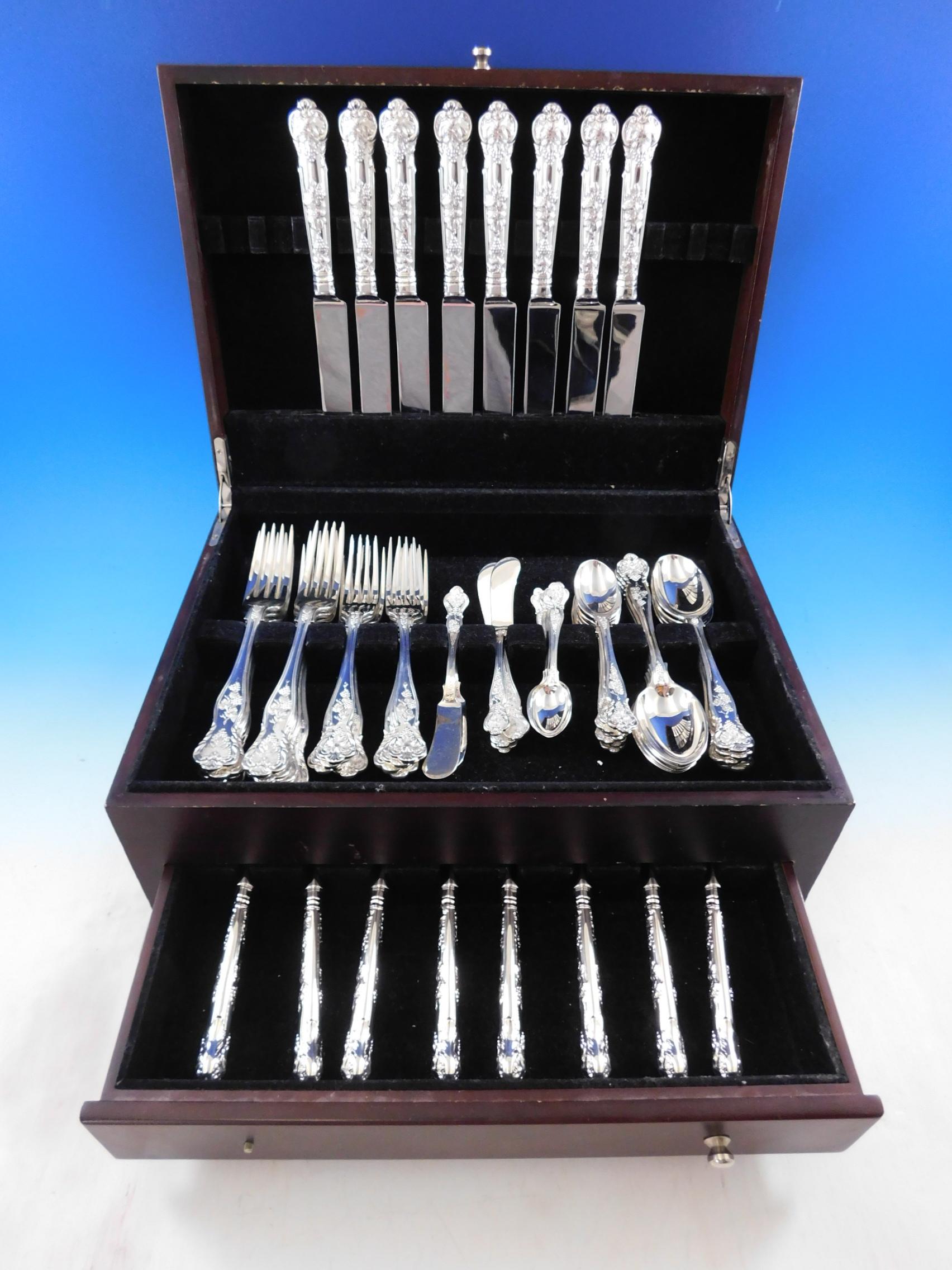 Bright Vine by Edward Barnard & Sons London, England 1999 grape motif Sterling Silver Flatware set - 64 pieces. This set includes:

8 large dinner knives, 10