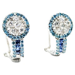 Bright White & Enhanced Blue Diamond Cluster Earrings in 18k White Gold