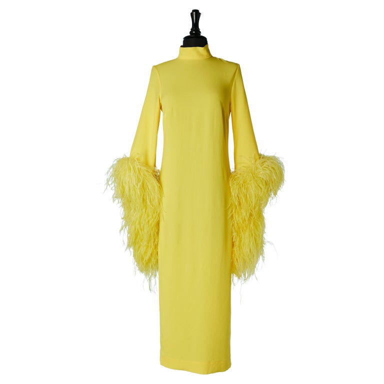 Bright yellow crpe cocktail dress with ostrich edge Taller Marmo at 1stDibs