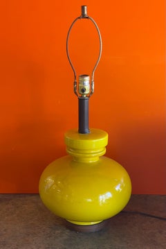 Bright Yellow Glazed Ceramic Studio Pottery Table Lamp on Walnut Base