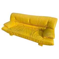Bright Yellow Nicoletti Salotti Post Modern Italian Leather 3 seat Low Sofa