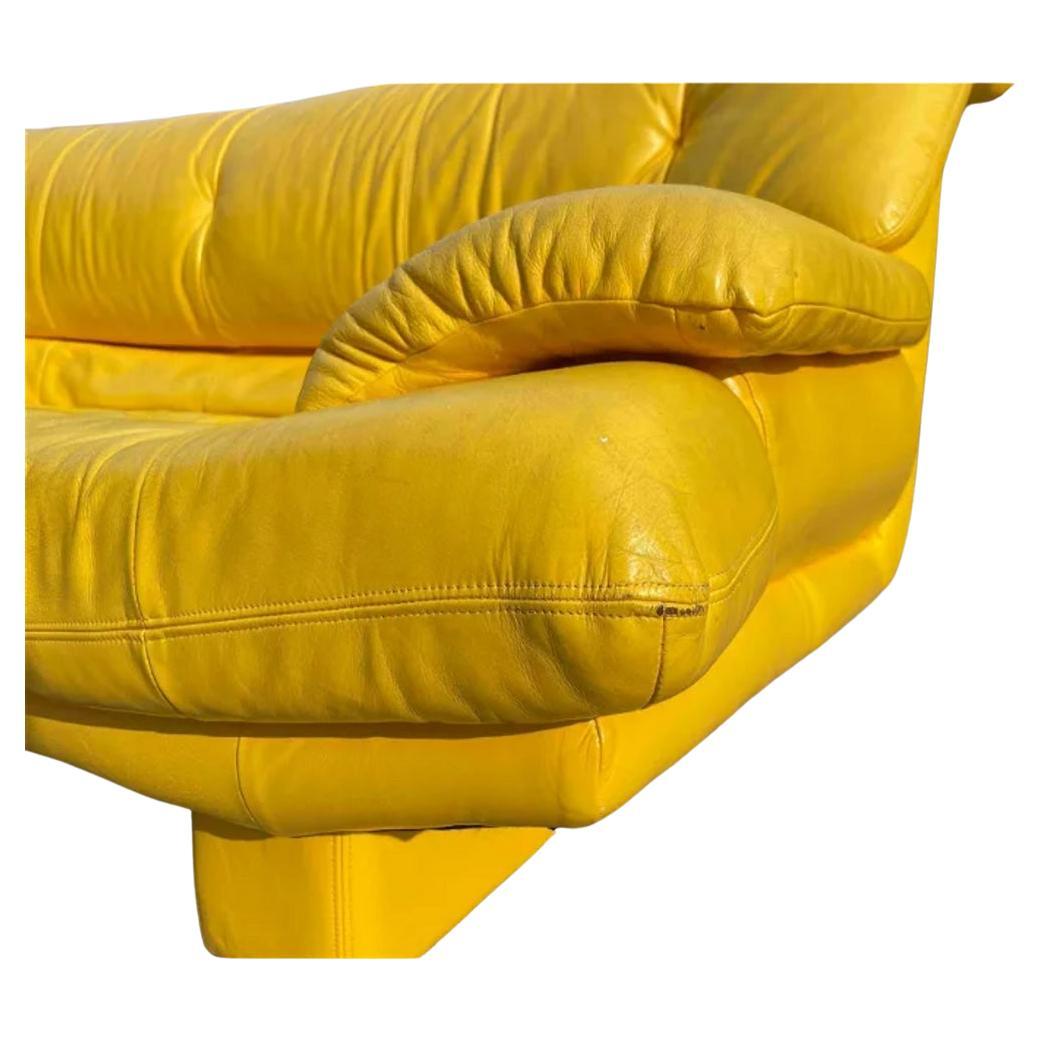 Bright Yellow Nicoletti Salotti Post Modern Italian Leather 3 seat Low Sofa For Sale 2