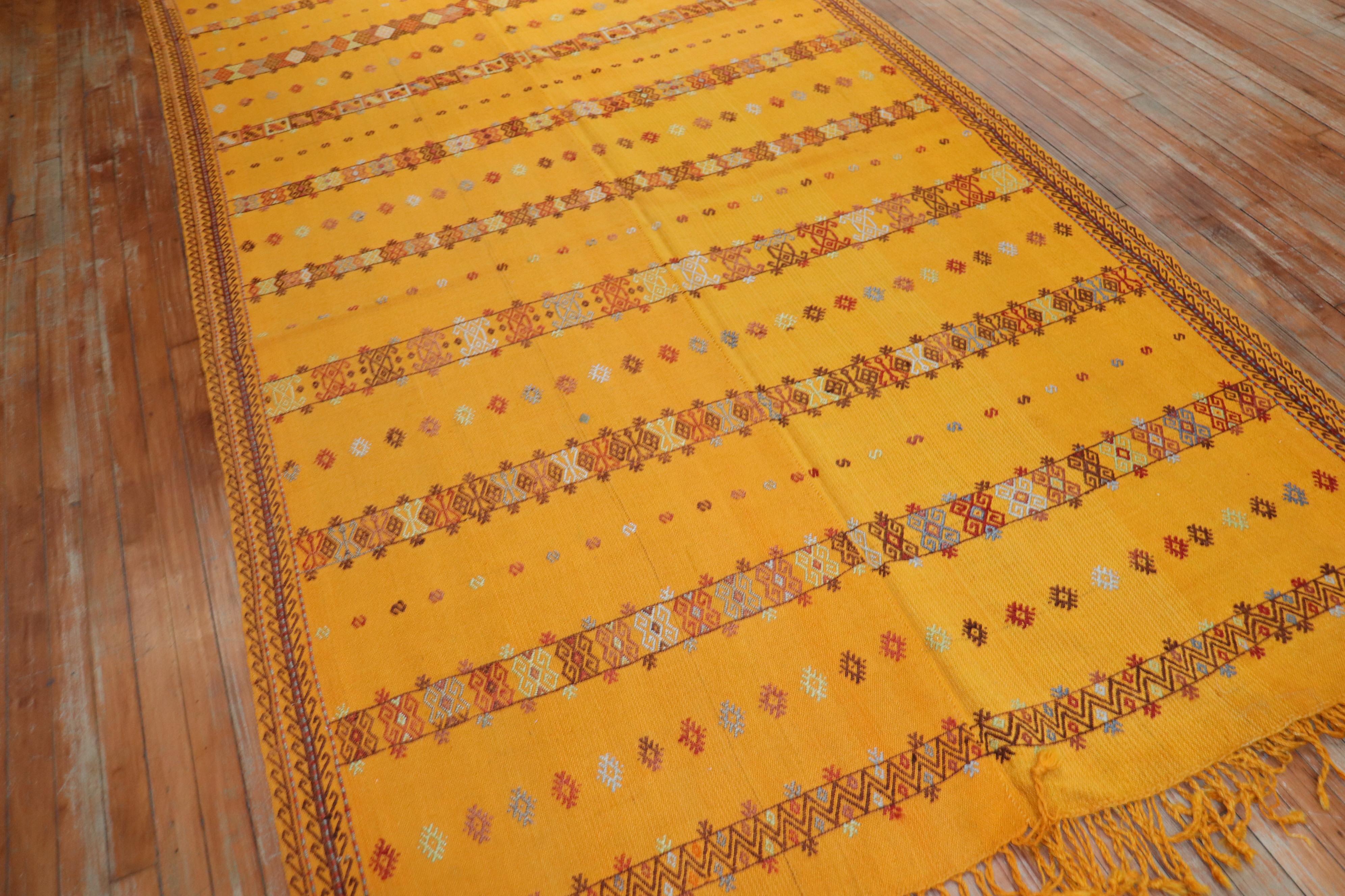 Mid-Century Modern Bright Yellow Vintage Moroccan Flat-Weave Kilim For Sale