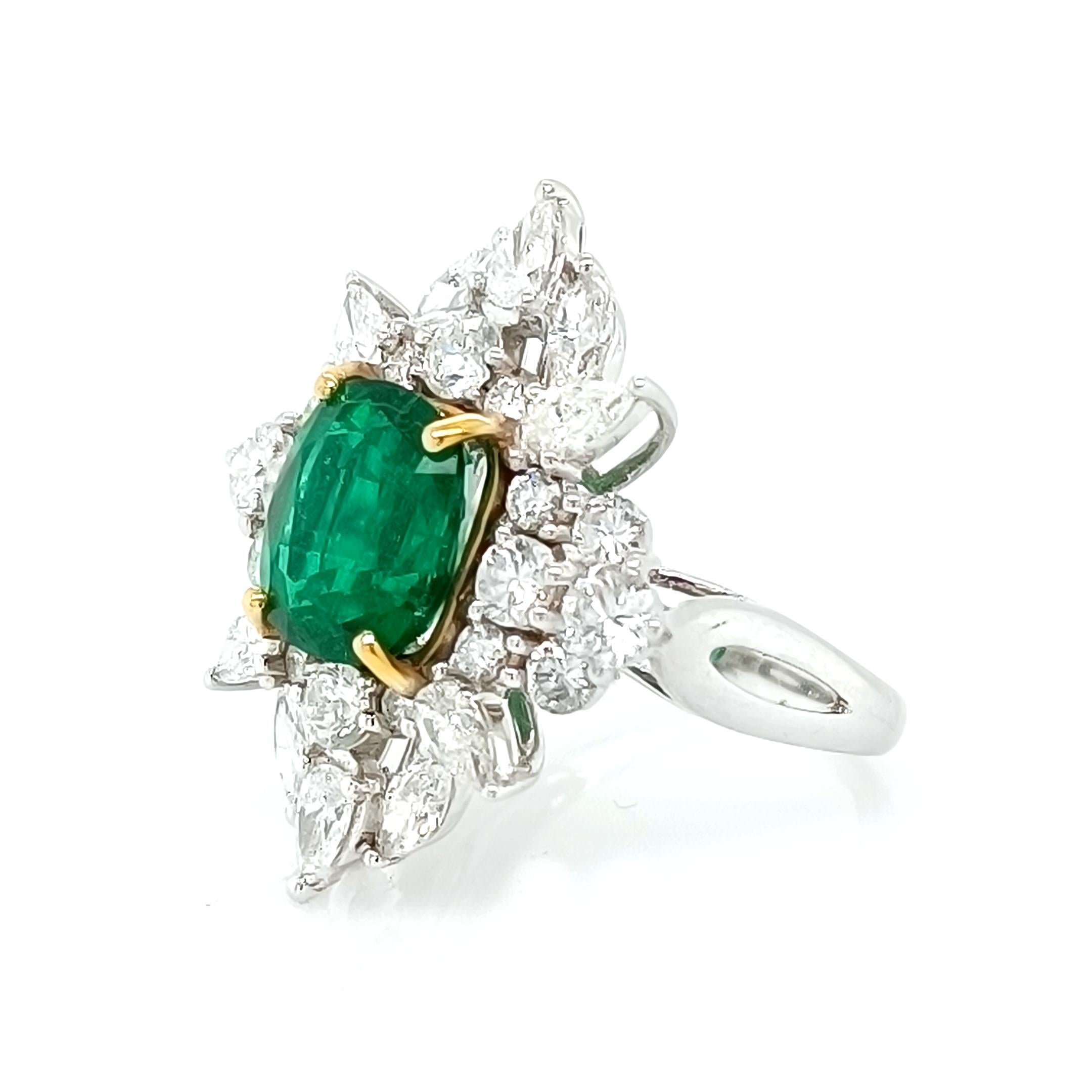 Contemporary Bright Zambian Emerald & Diamond Ring  For Sale