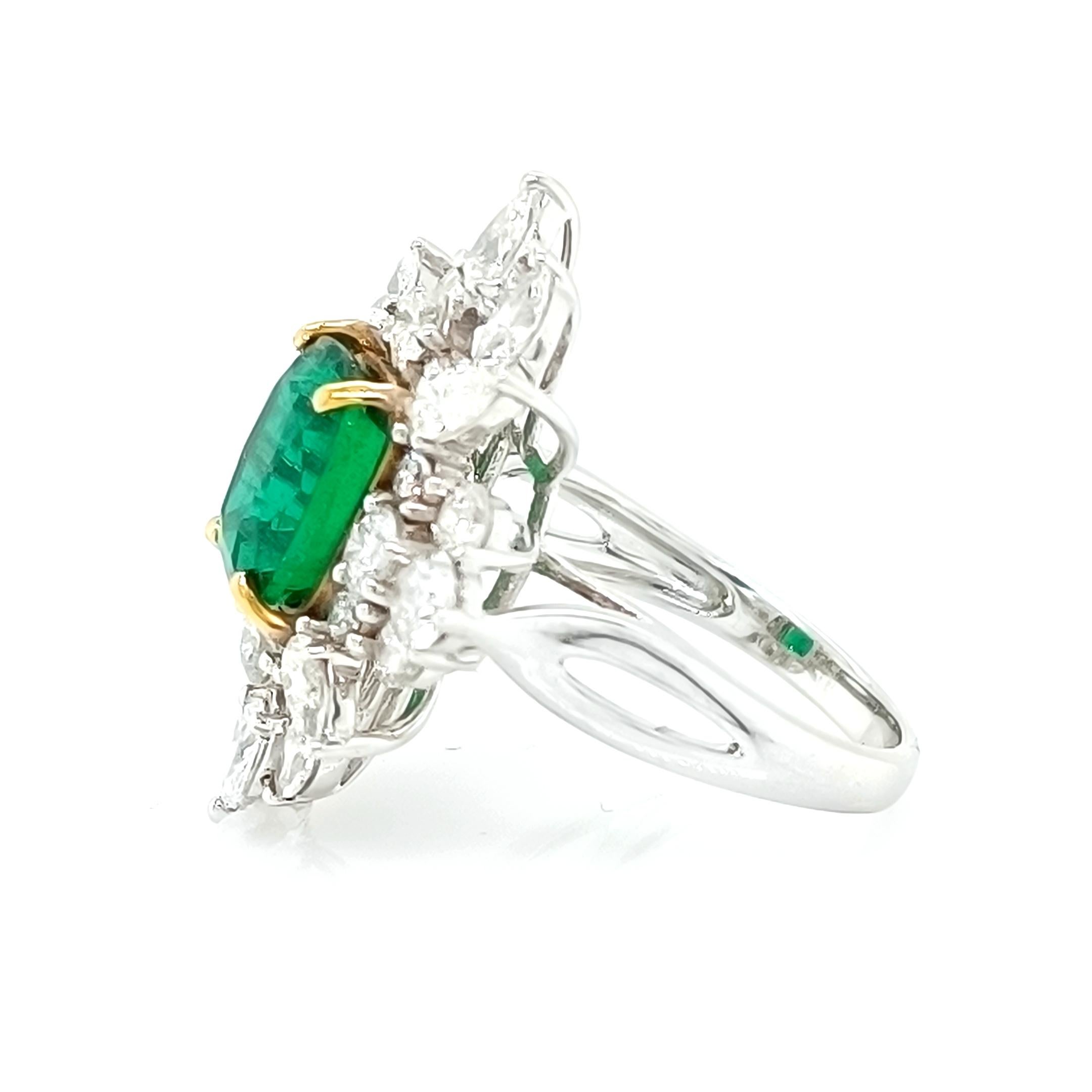 Cushion Cut Bright Zambian Emerald & Diamond Ring  For Sale