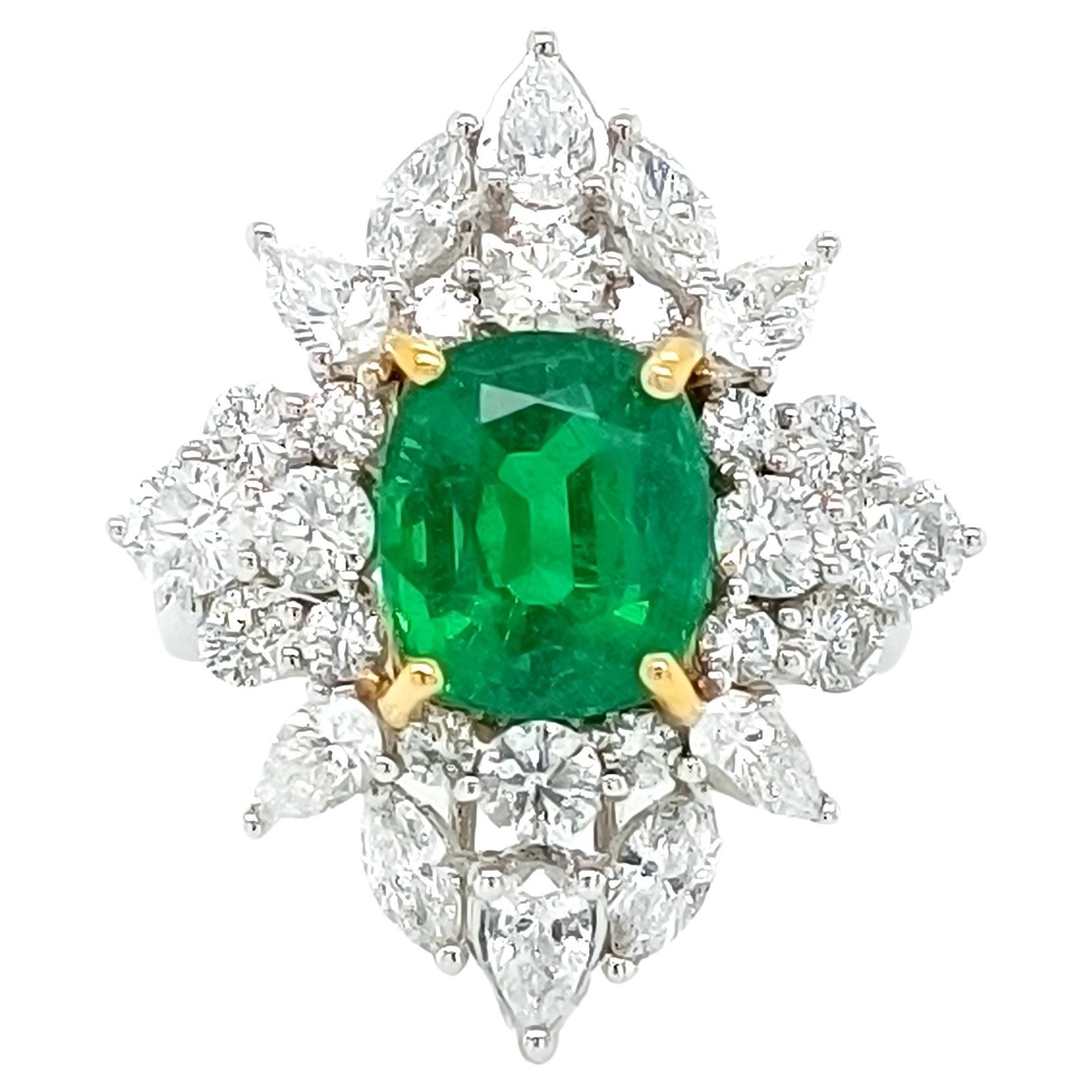 Bright Zambian Emerald & Diamond Ring  For Sale