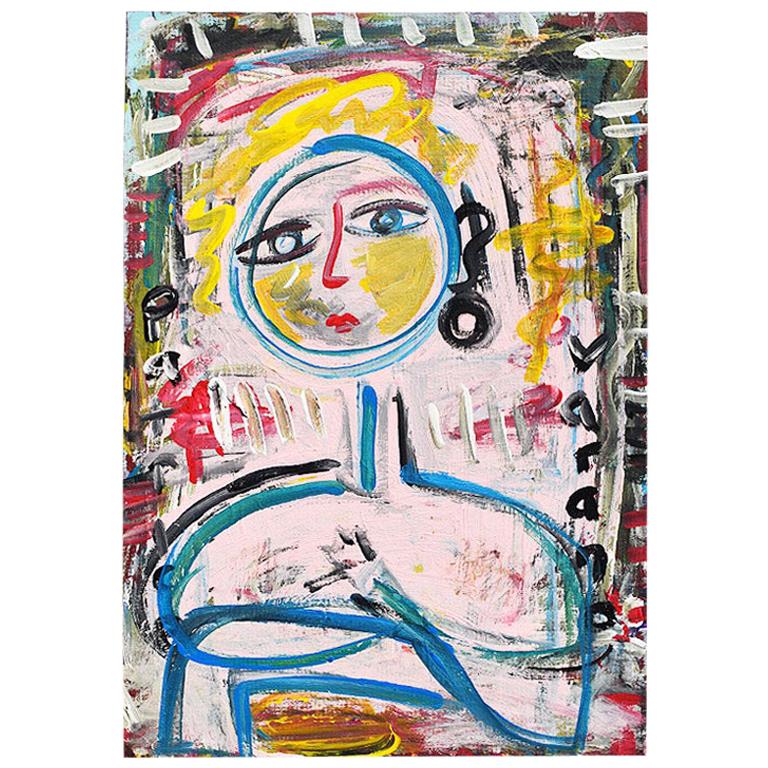 Brightly Colored Abstract Painting of a Woman Oil on Paper
